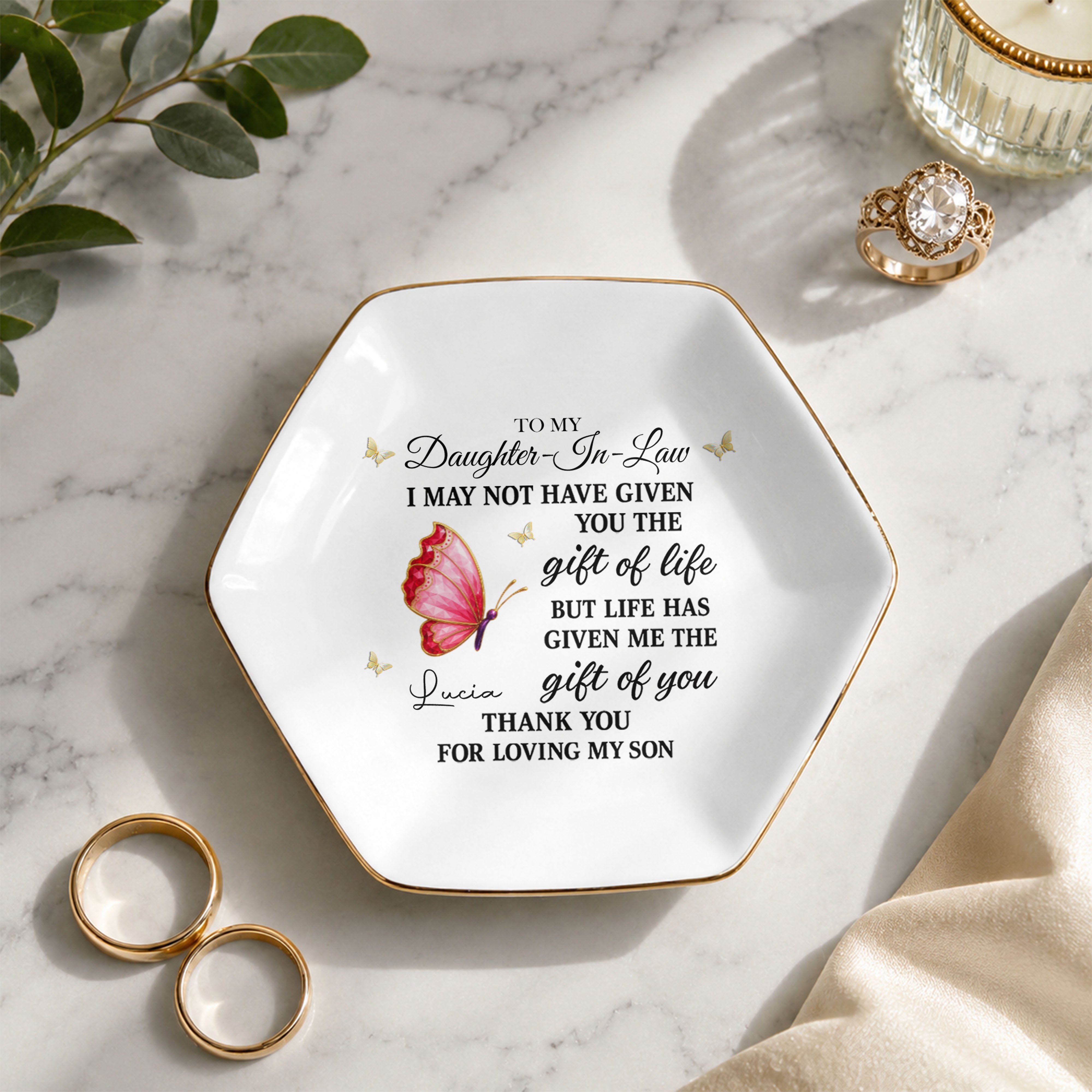 To My Daughter In Law Life Has Given Me The Gift Of You Butterfly - Personalized Custom Jewelry Dish, Ceramic Dish, Hexagonal Shape - DILA051_HECRD