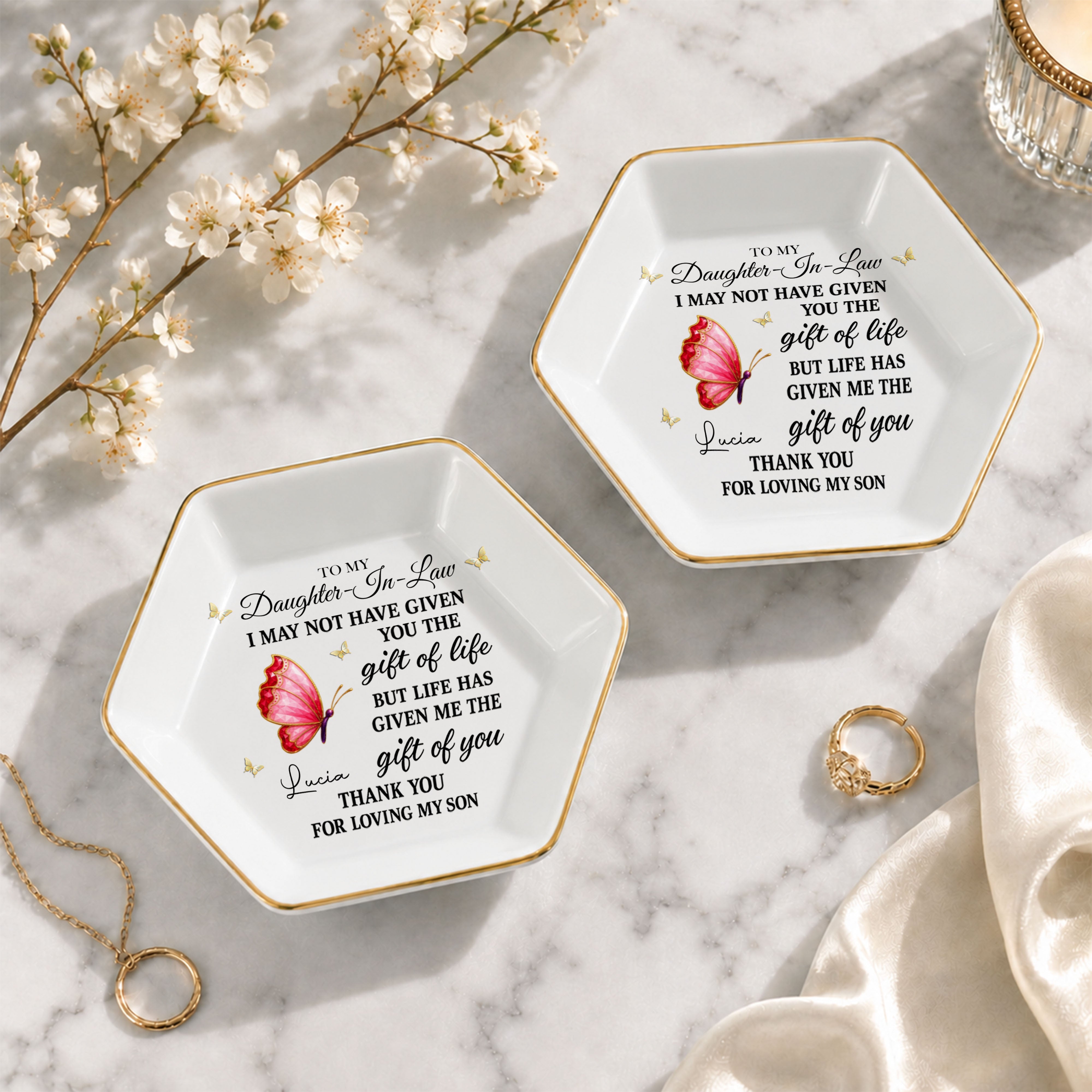 To My Daughter In Law Life Has Given Me The Gift Of You Butterfly - Personalized Custom Jewelry Dish, Ceramic Dish, Hexagonal Shape - DILA051_HECRD