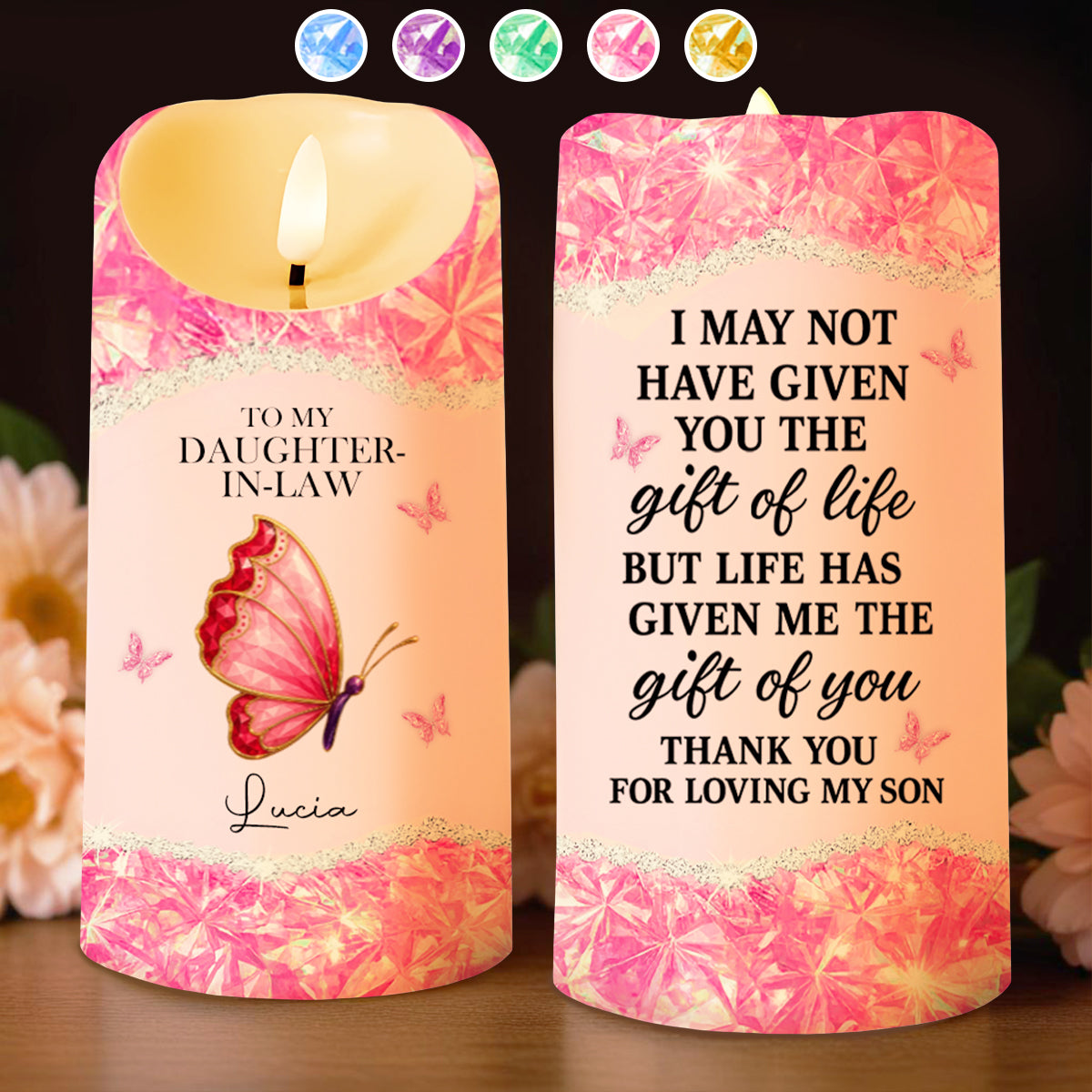 To My Daughter-In-Law, Loving Gift With Butterfly And Flowers - Personalized Custom LED Candle - DILA051_LECA