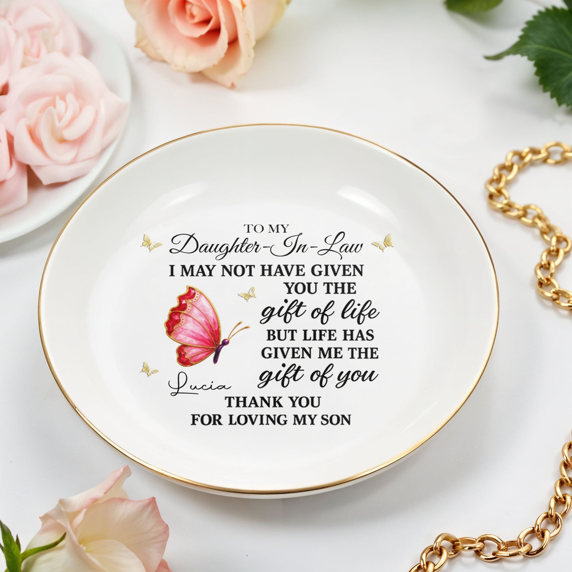 To My Daughter In Law Life Has Given Me The Gift Of You Butterfly Jewelry Holder - Personalized Custom Jewelry Dish, Ceramic Dish, Round Shape - DILA051_RCRF