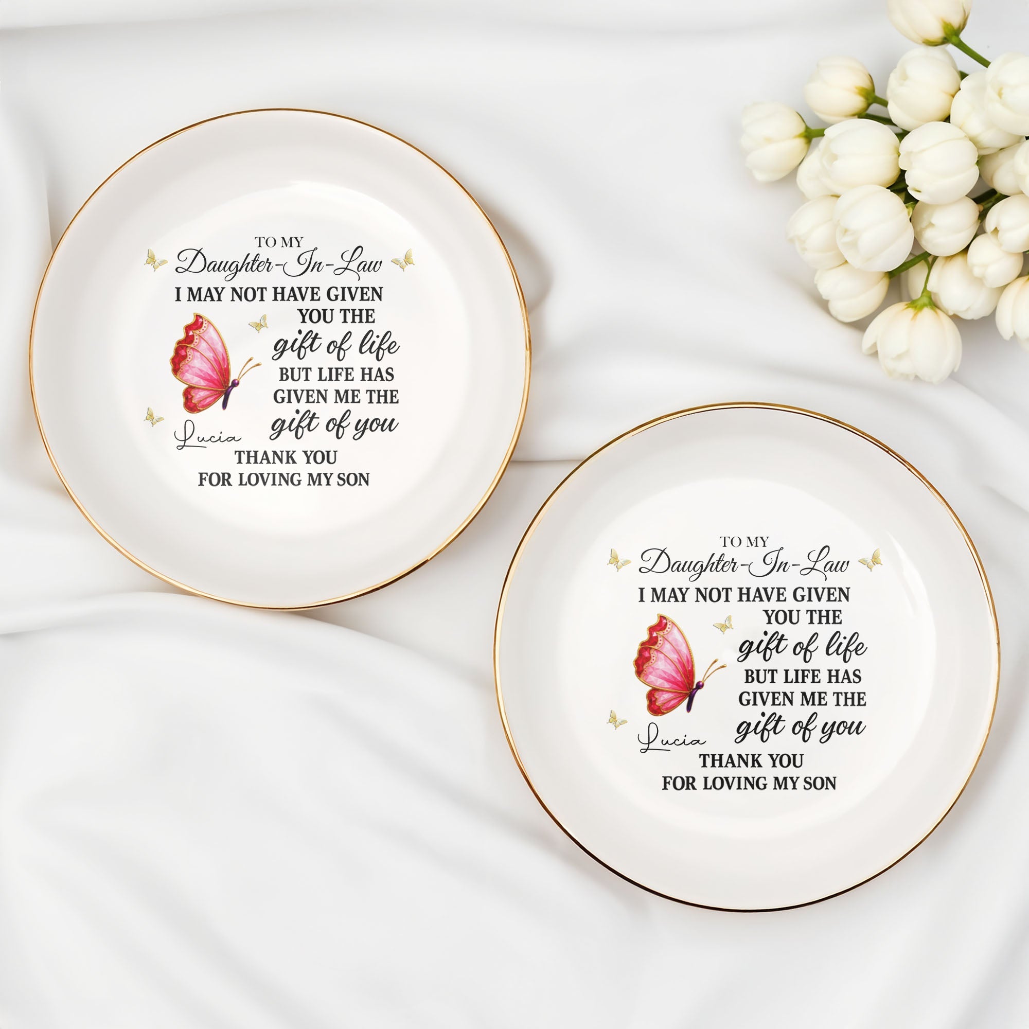 To My Daughter In Law Life Has Given Me The Gift Of You Butterfly Jewelry Holder - Personalized Custom Jewelry Dish, Ceramic Dish, Round Shape - DILA051_RCRF