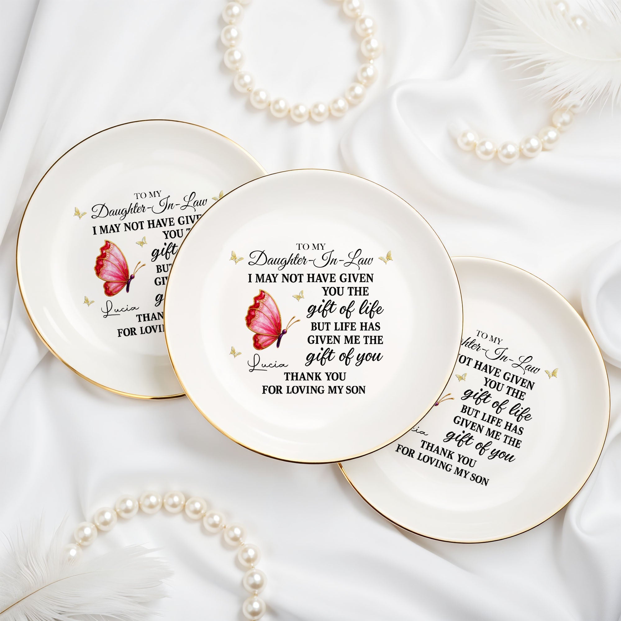 To My Daughter In Law Life Has Given Me The Gift Of You Butterfly Jewelry Holder - Personalized Custom Jewelry Dish, Ceramic Dish, Round Shape - DILA051_RCRF