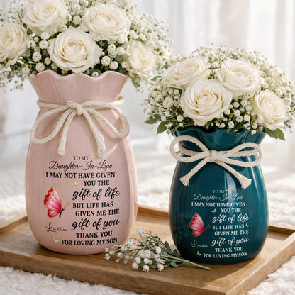 To My Daughter In Law Life Has Given Me The Gift Of You Butterflies - Personalized Ribbon Tie Flower Vase