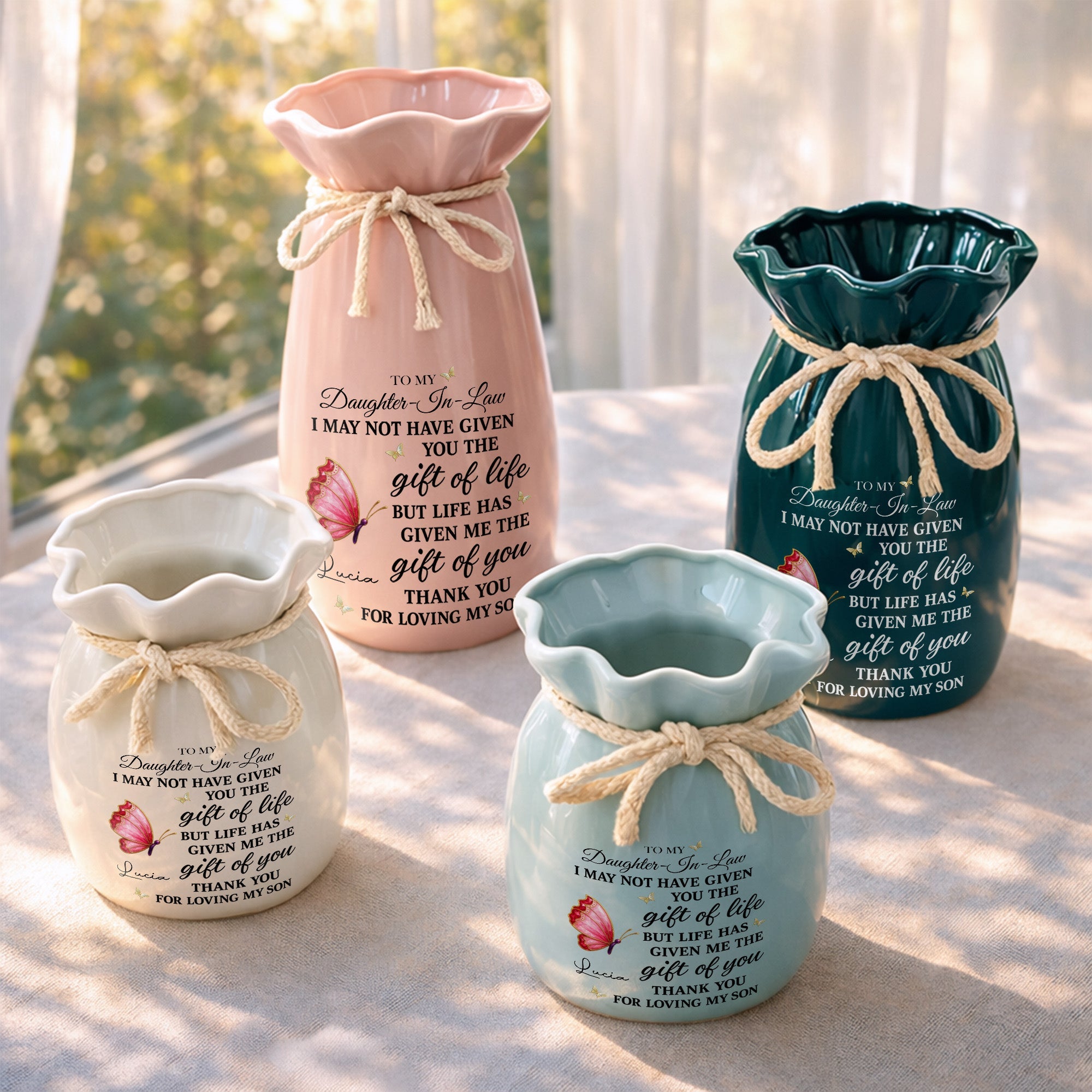To My Daughter In Law Life Has Given Me The Gift Of You Butterflies - Personalized Ribbon Tie Flower Vase