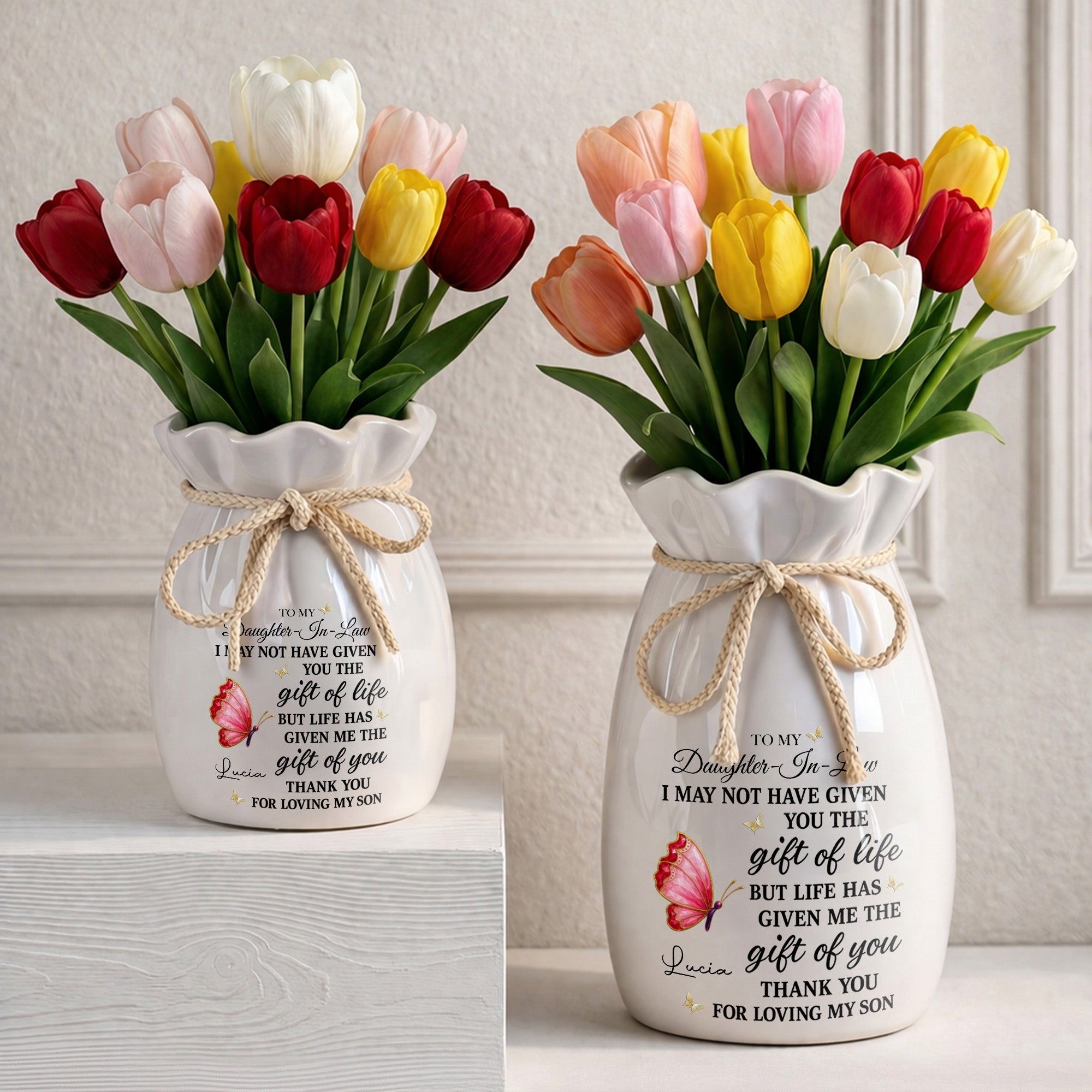 To My Daughter In Law Life Has Given Me The Gift Of You Butterflies - Personalized Ribbon Tie Flower Vase