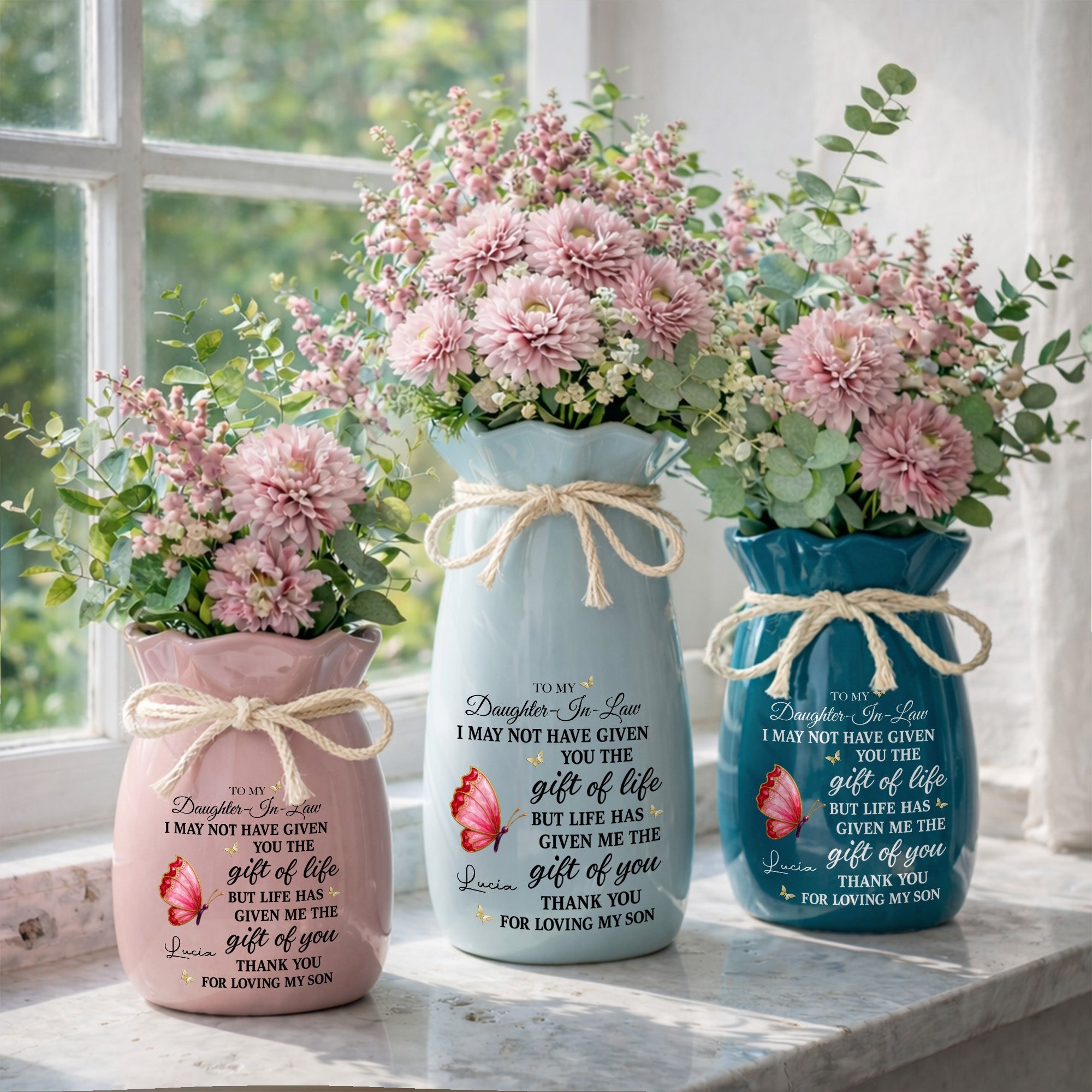 To My Daughter In Law Life Has Given Me The Gift Of You Butterflies - Personalized Ribbon Tie Flower Vase