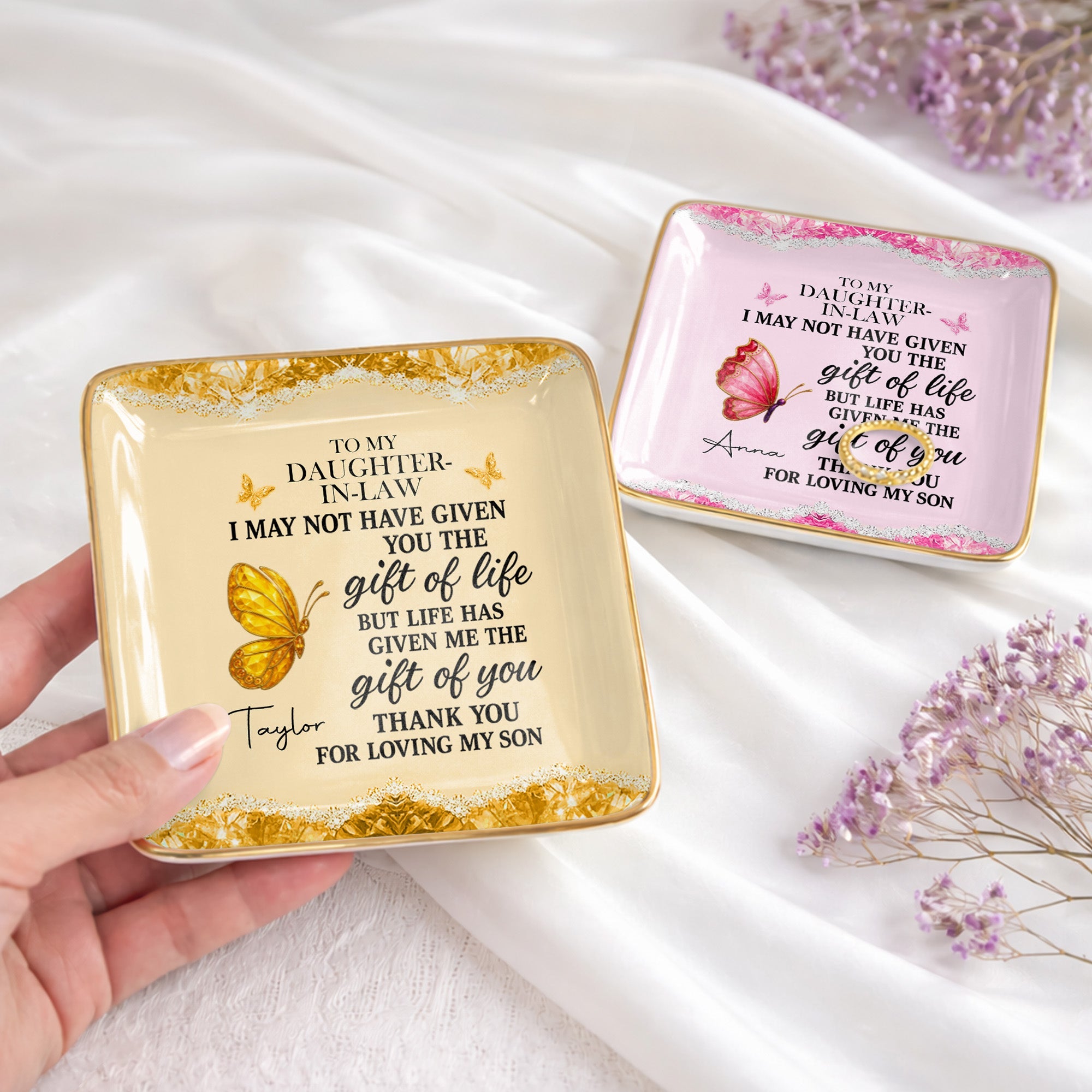 To My Daughter In Law Life Has Given Me The Gift Of You Butterfly - Personalized Custom Jewelry Dish, Ceramic Dish, Square Shape - DILA051_SCRF