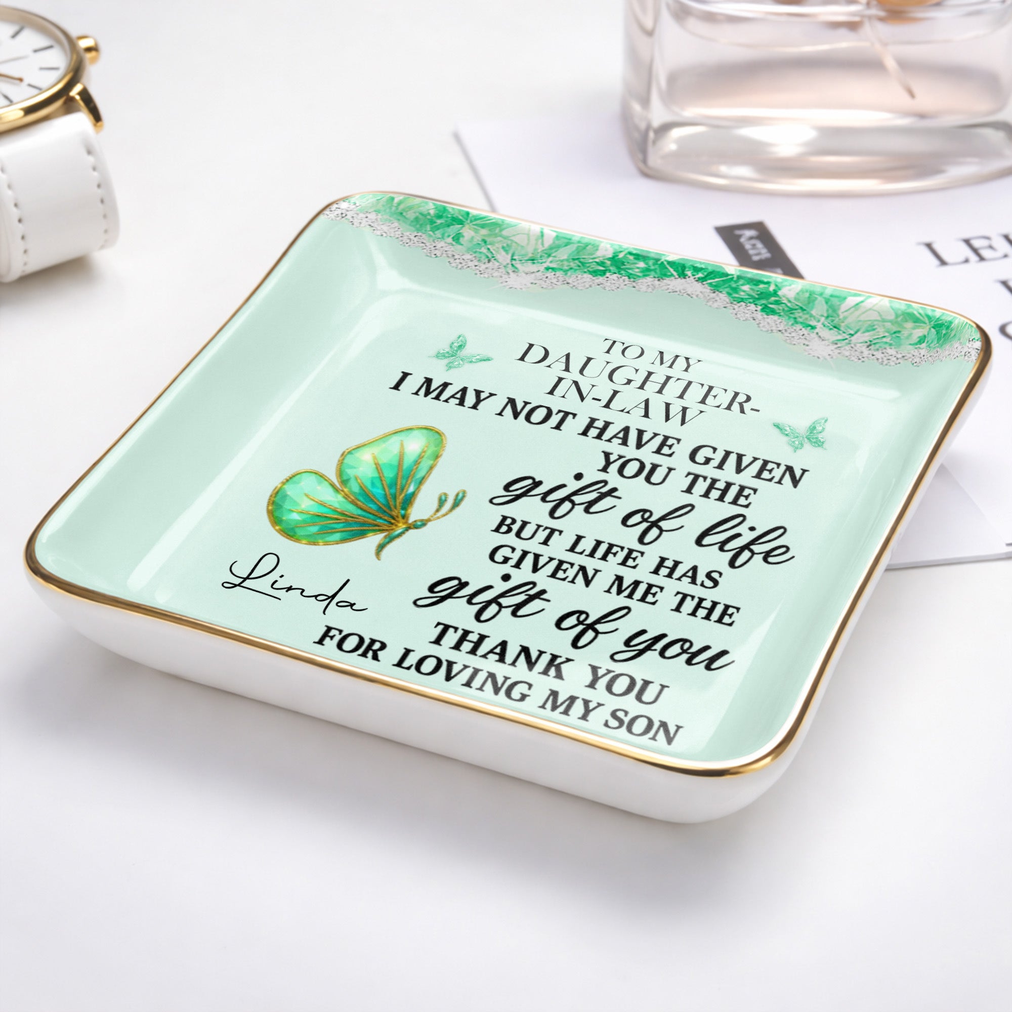 To My Daughter In Law Life Has Given Me The Gift Of You Butterfly - Personalized Custom Jewelry Dish, Ceramic Dish, Square Shape - DILA051_SCRF