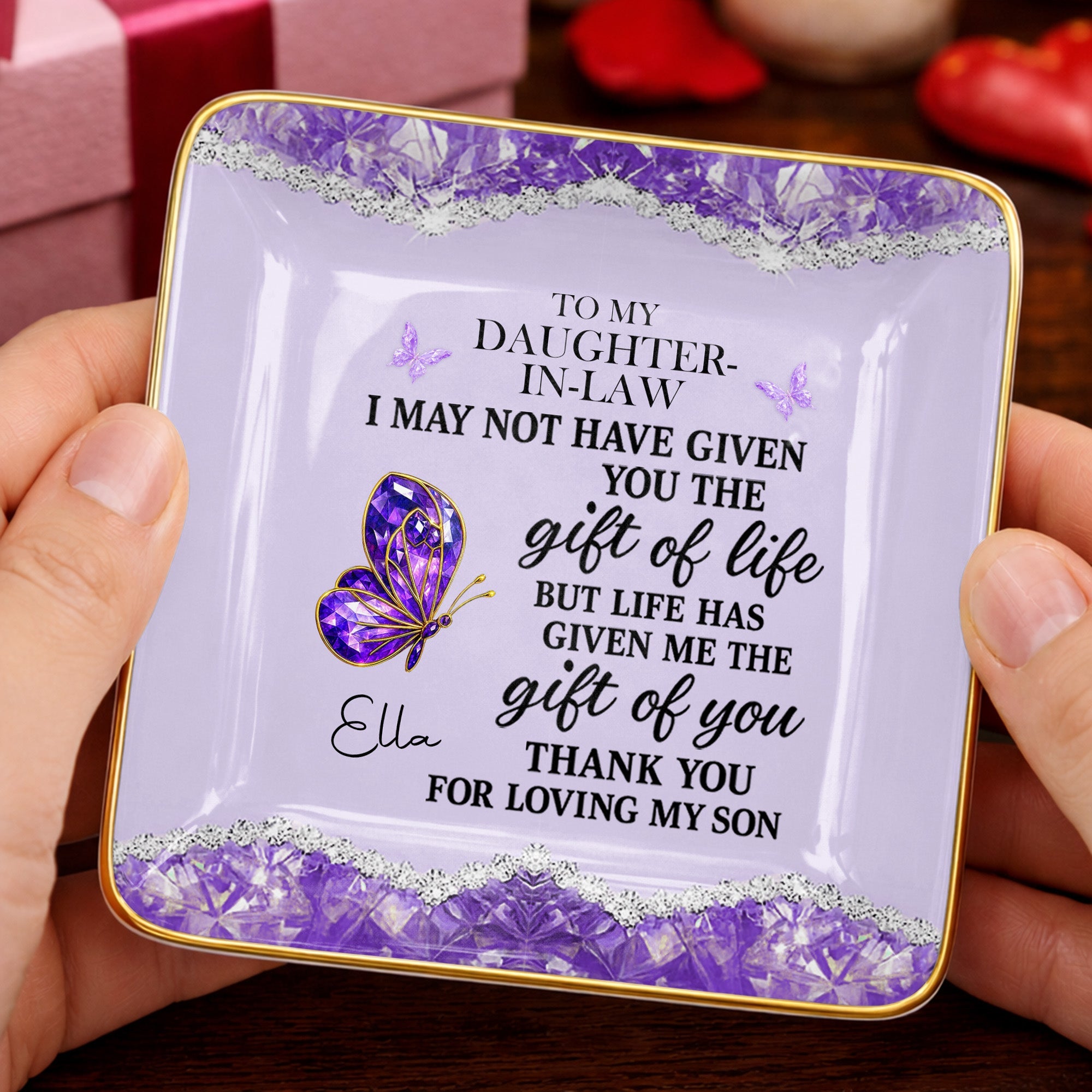 To My Daughter In Law Life Has Given Me The Gift Of You Butterfly - Personalized Custom Jewelry Dish, Ceramic Dish, Square Shape - DILA051_SCRF