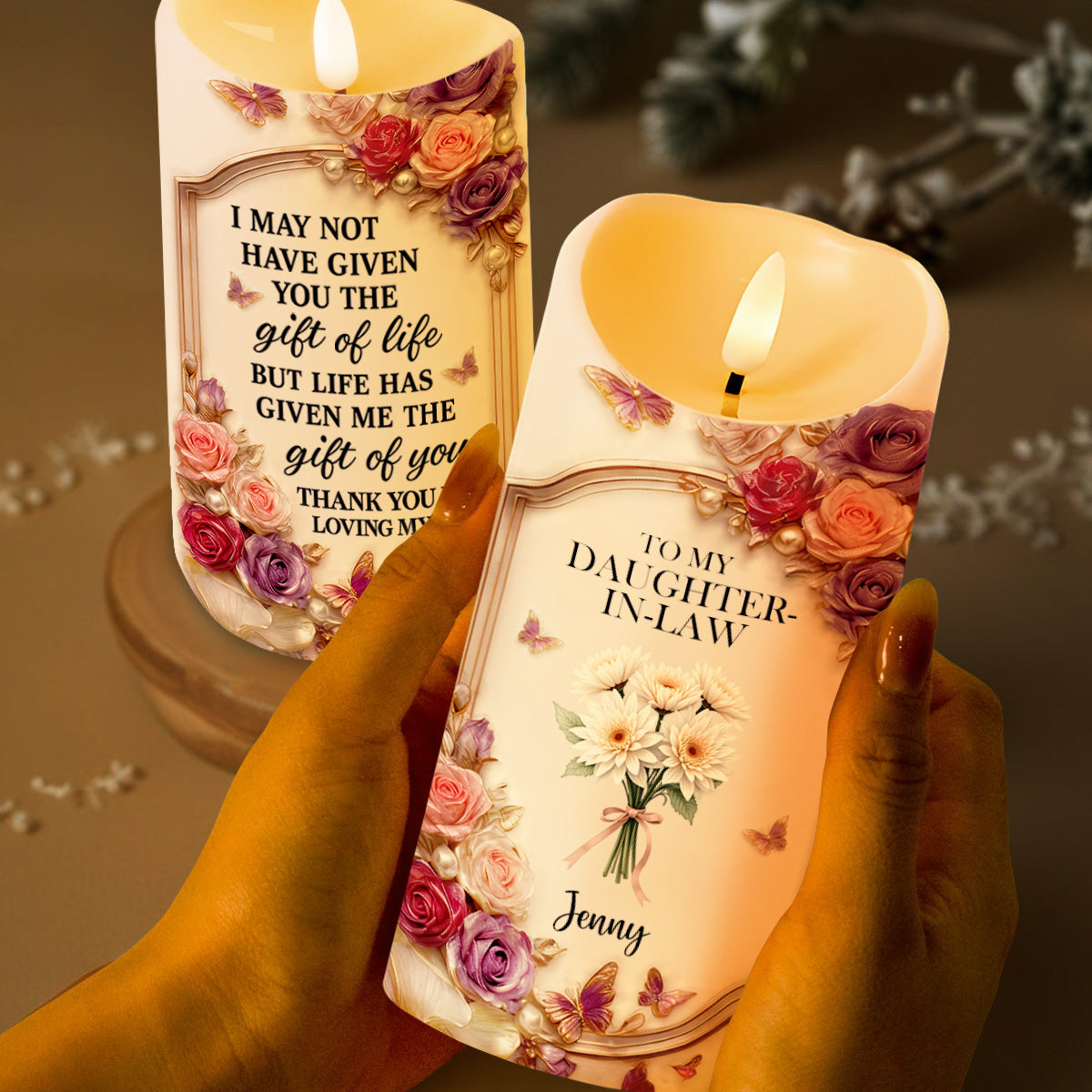 To My Daughter-In-Law, Roses And Butterflies Design - Personalized Custom LED Candle - DILA053_LECA