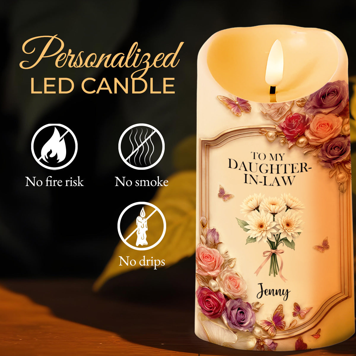 To My Daughter-In-Law, Roses And Butterflies Design - Personalized Custom LED Candle - DILA053_LECA