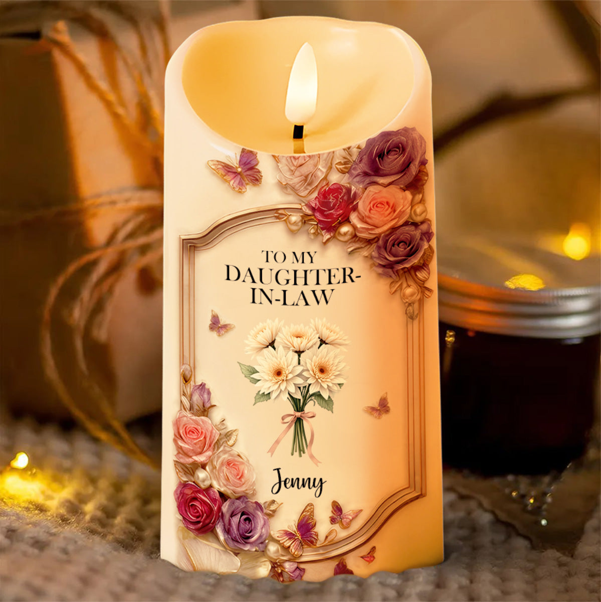To My Daughter-In-Law, Roses And Butterflies Design - Personalized Custom LED Candle - DILA053_LECA