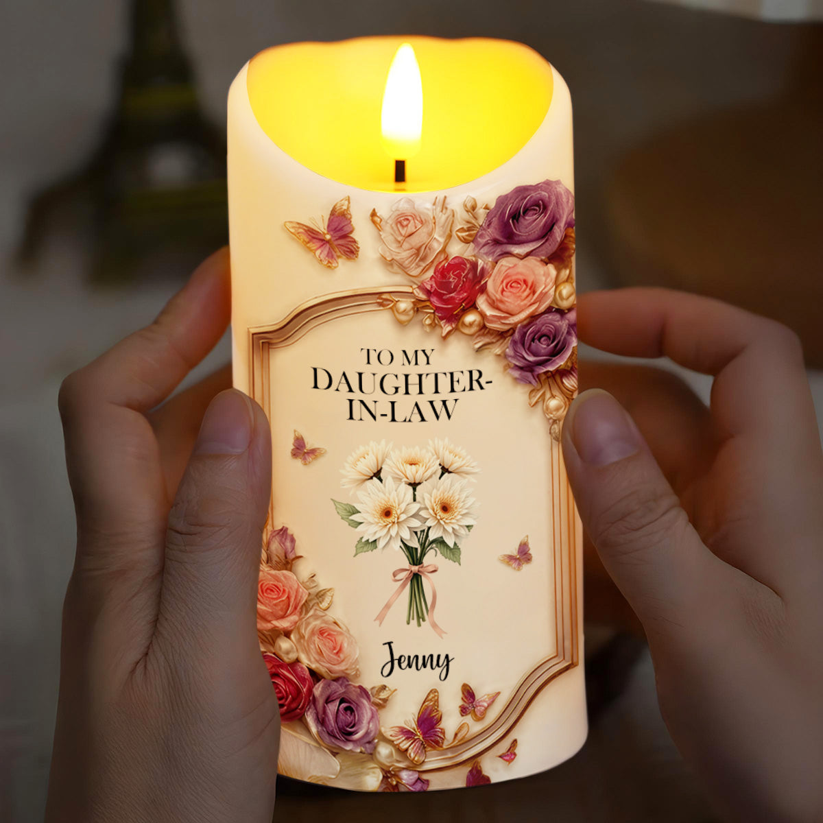 To My Daughter-In-Law, Roses And Butterflies Design - Personalized Custom LED Candle - DILA053_LECA