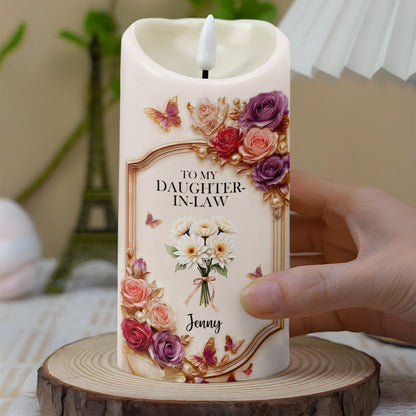 To My Daughter-In-Law, Roses And Butterflies Design - Personalized Custom LED Candle - DILA053_LECA