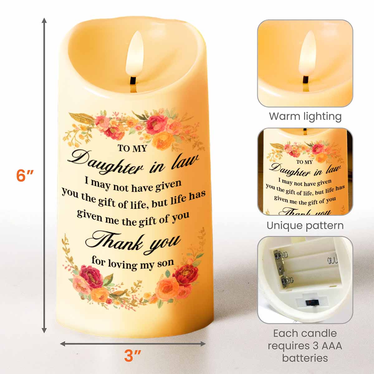 To My Daughter In Law, Thank You For Loving My Son, Flowers - Personalized Custom LED Candle - DILA054_LECA