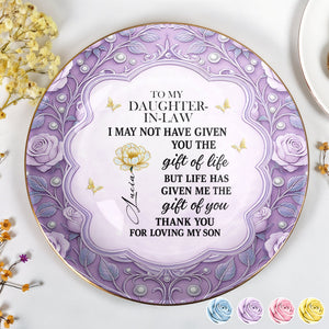 To My Daughter-In-Law, Gift Of Life, Flowers And Butterfly Design - Personalized Custom Jewelry Dish, Ceramic Dish, Round Shape - DILA055_RCRF