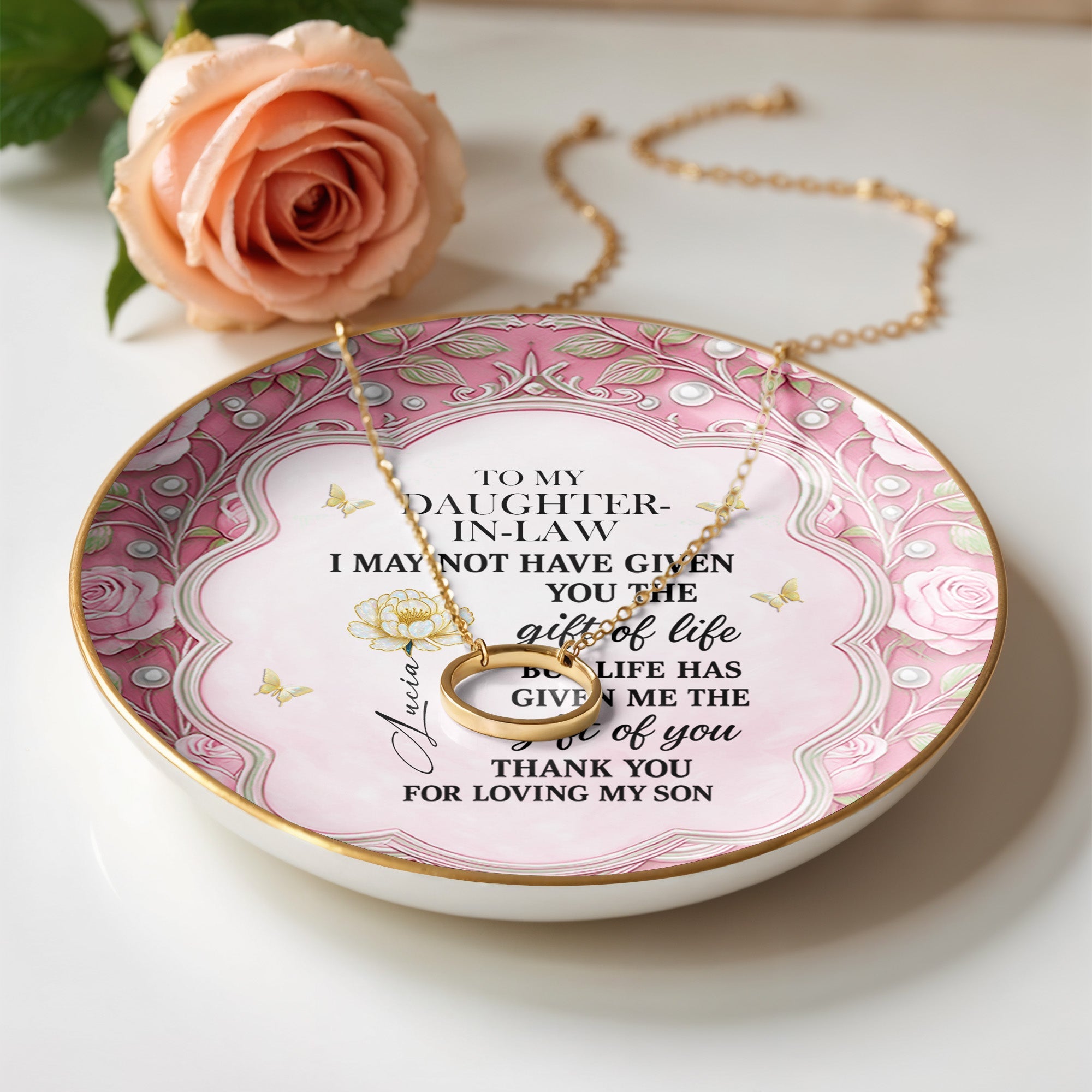 To My Daughter-In-Law, Gift Of Life, Flowers And Butterfly Design - Personalized Custom Jewelry Dish, Ceramic Dish, Round Shape - DILA055_RCRF
