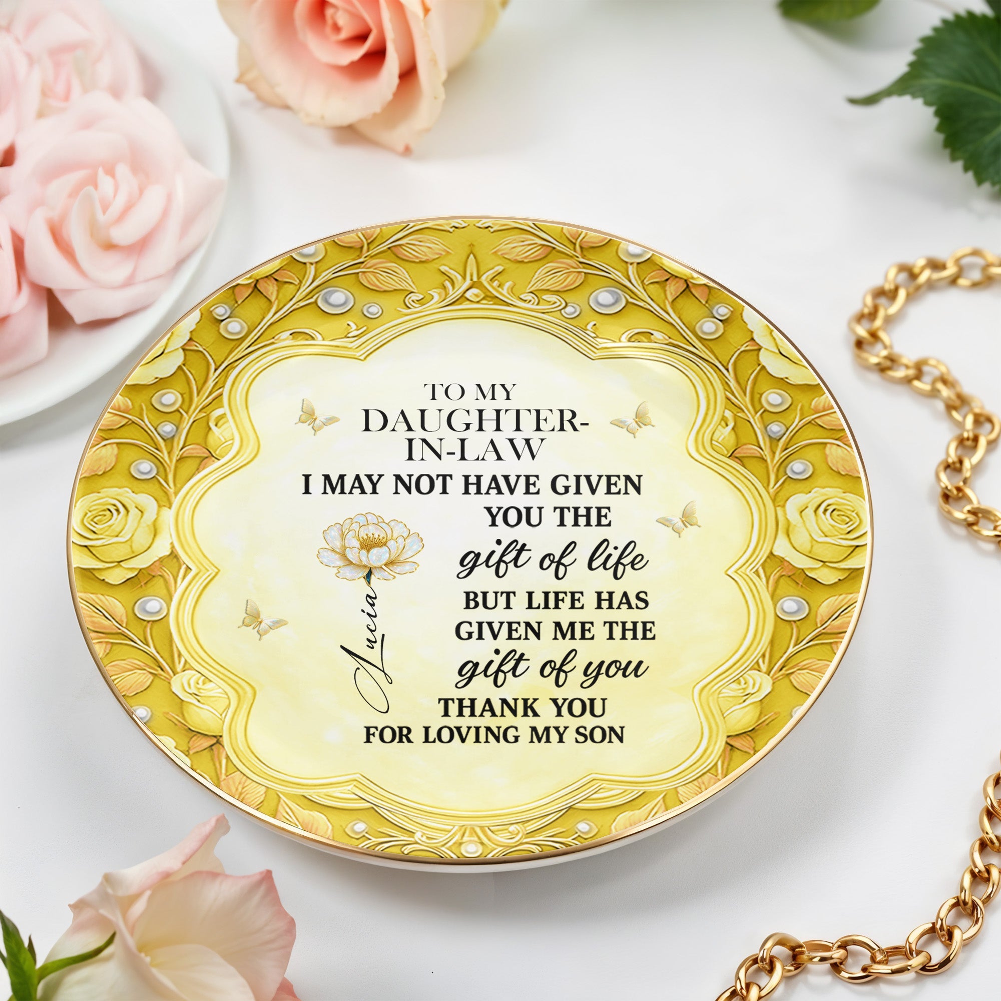 To My Daughter-In-Law, Gift Of Life, Flowers And Butterfly Design - Personalized Custom Jewelry Dish, Ceramic Dish, Round Shape - DILA055_RCRF
