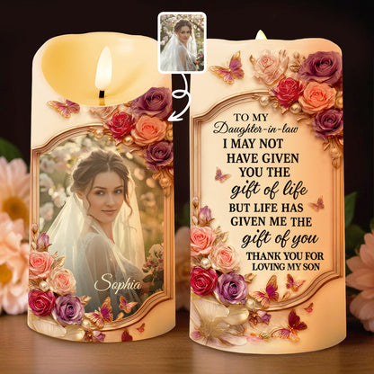 To My Daughter-in-Law, Gift of Life, Roses and Butterflies - Personalized Custom LED Candle - DILA056_LECA