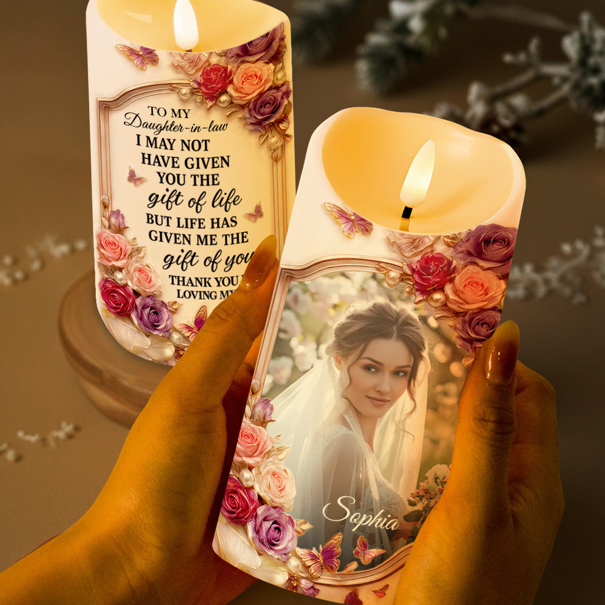 To My Daughter-in-Law, Gift of Life, Roses and Butterflies - Personalized Custom LED Candle - DILA056_LECA