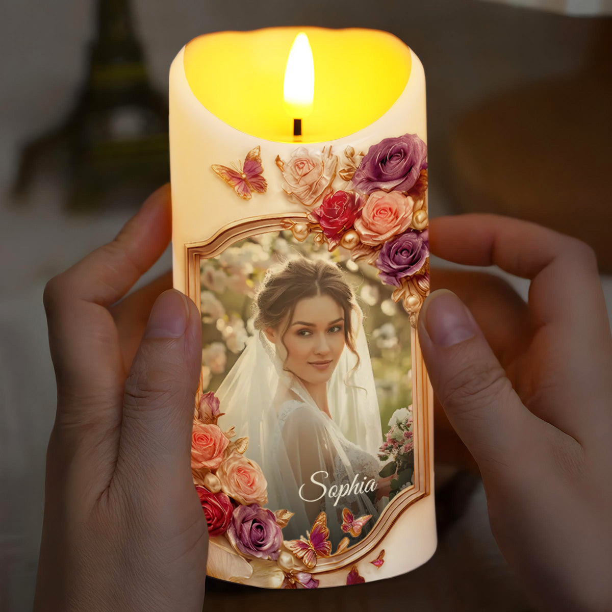 To My Daughter-in-Law, Gift of Life, Roses and Butterflies - Personalized Custom LED Candle - DILA056_LECA
