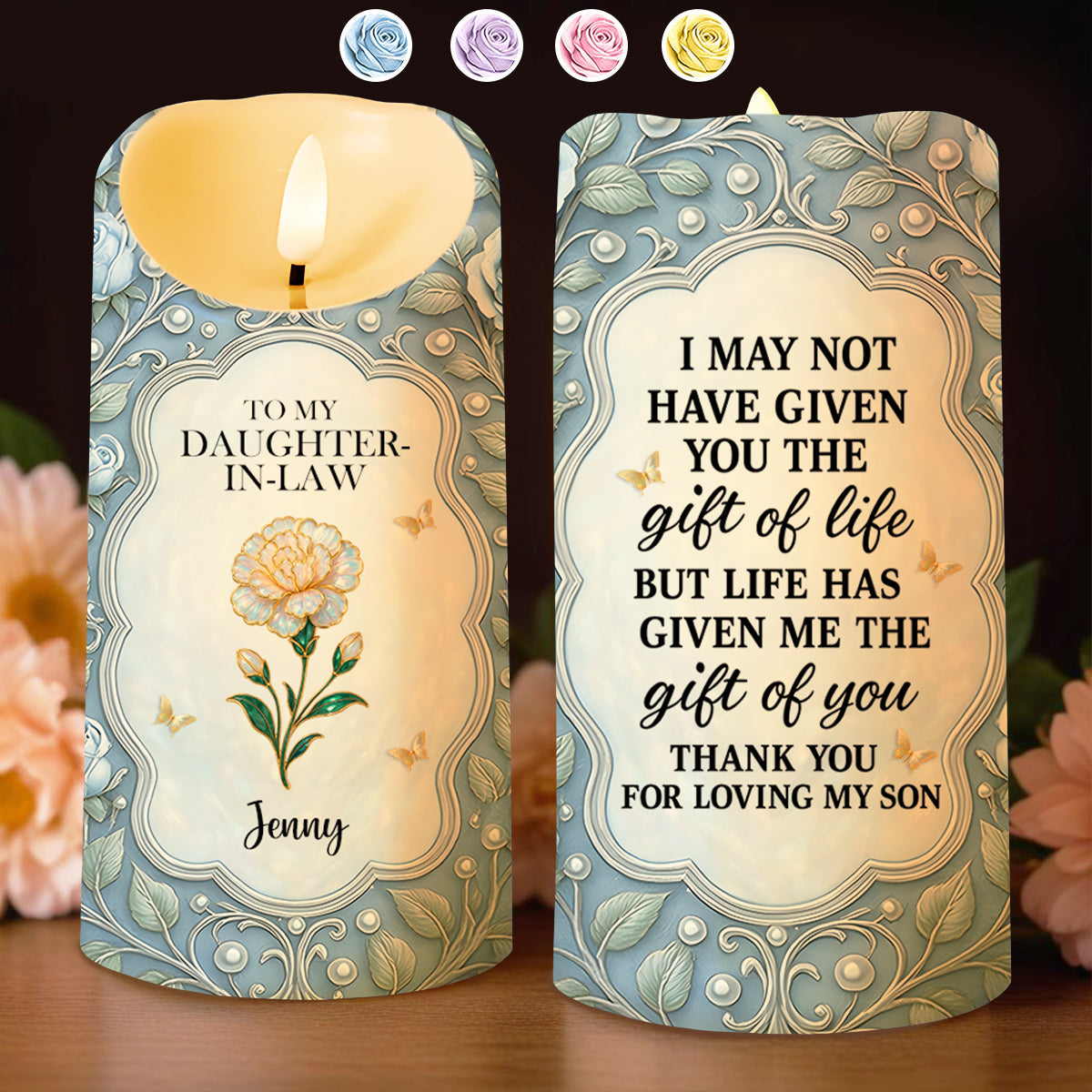 To My Daughter-In-Law, Gift Of Life, Flower And Butterflies Design - Personalized Custom LED Candle - DILA061_LECA