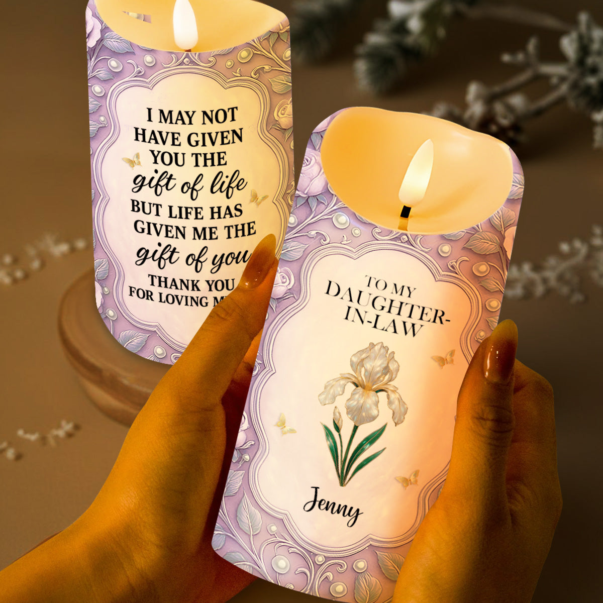 To My Daughter-In-Law, Gift Of Life, Flower And Butterflies Design - Personalized Custom LED Candle - DILA061_LECA