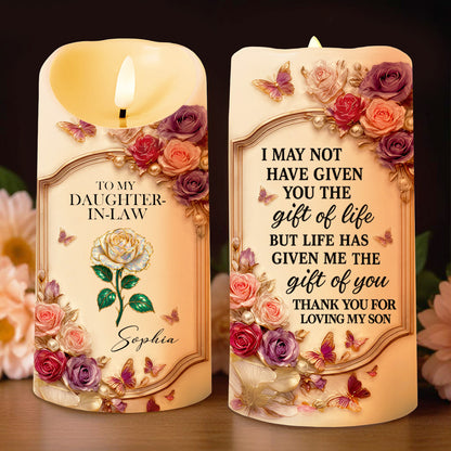 To My Daughter-In-Law, Roses And Butterflies - Personalized Custom LED Candle - DILA062_LECA