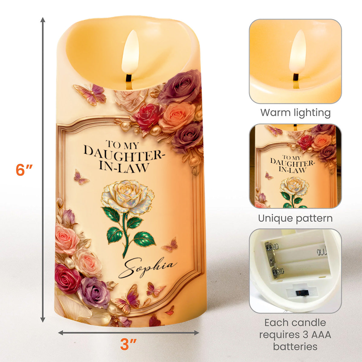 To My Daughter-In-Law, Roses And Butterflies - Personalized Custom LED Candle - DILA062_LECA