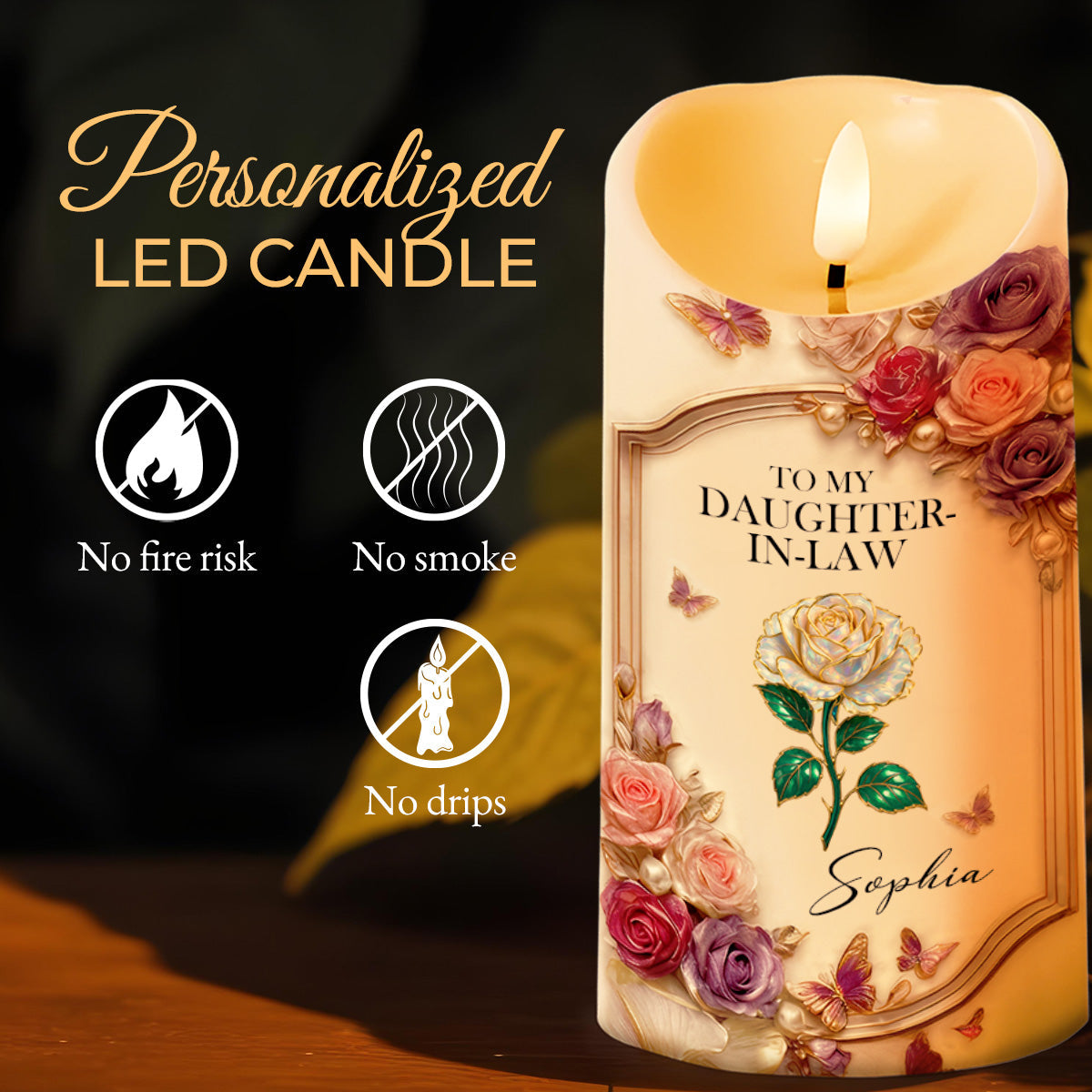 To My Daughter-In-Law, Roses And Butterflies - Personalized Custom LED Candle - DILA062_LECA