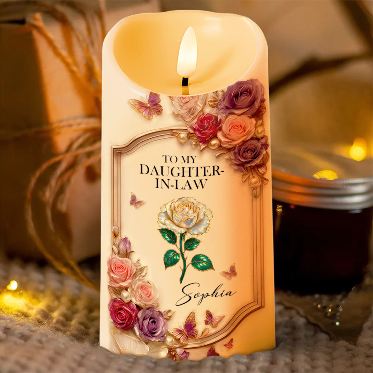 To My Daughter-In-Law, Roses And Butterflies - Personalized Custom LED Candle - DILA062_LECA