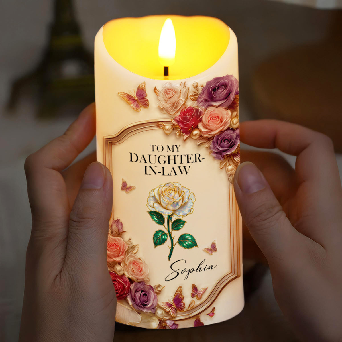 To My Daughter-In-Law, Roses And Butterflies - Personalized Custom LED Candle - DILA062_LECA