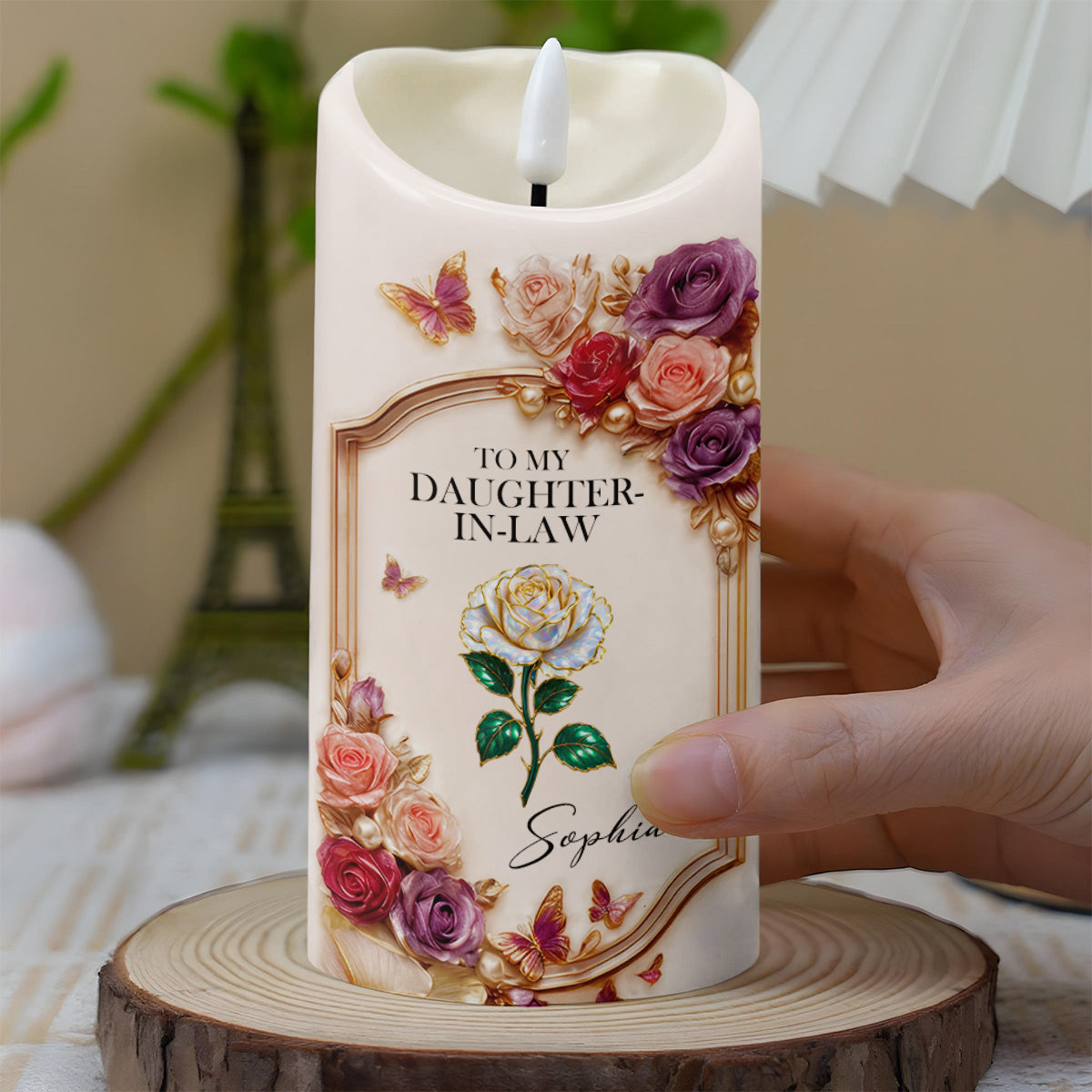 To My Daughter-In-Law, Roses And Butterflies - Personalized Custom LED Candle - DILA062_LECA