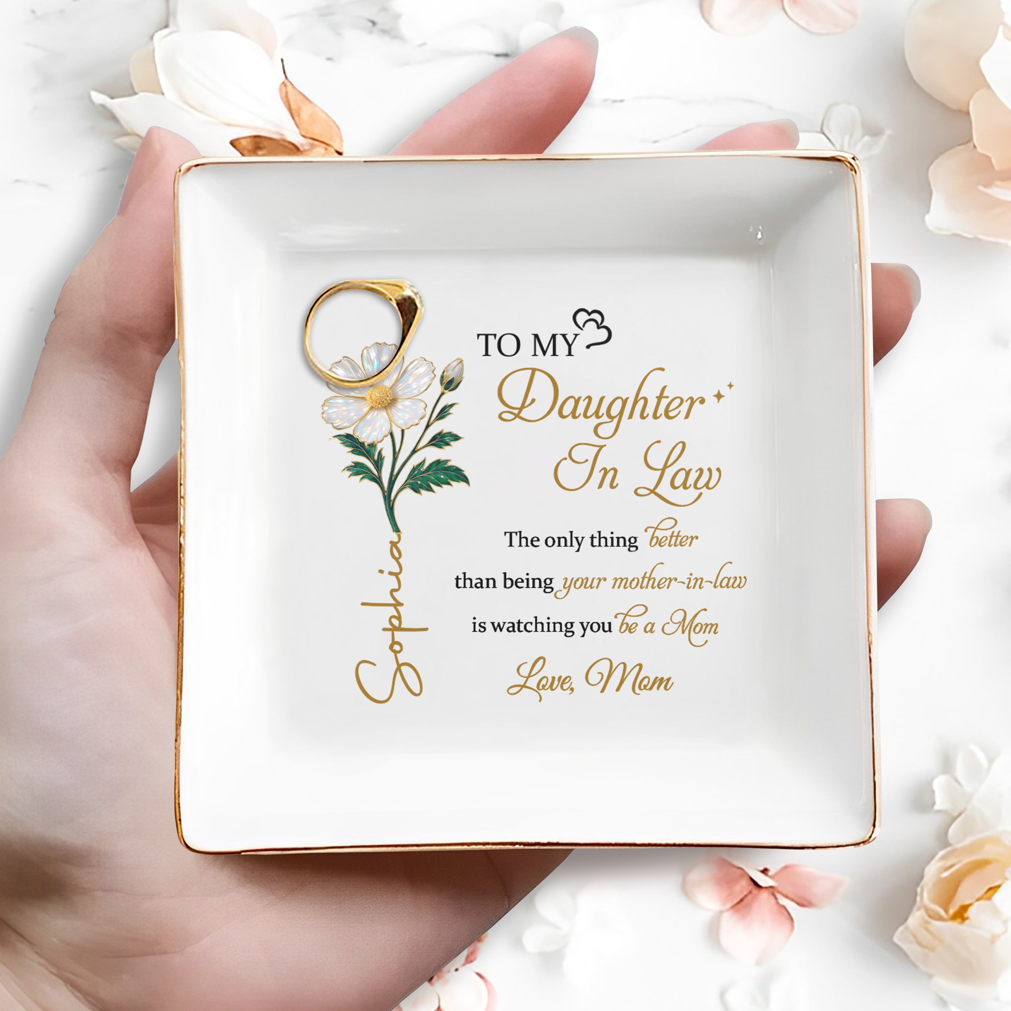 To My Daughter-In-Law, Watching You Be A Mom, Flower Design - Personalized Custom Jewelry Dish, Square Ceramic Dish - DILA063_SCRD
