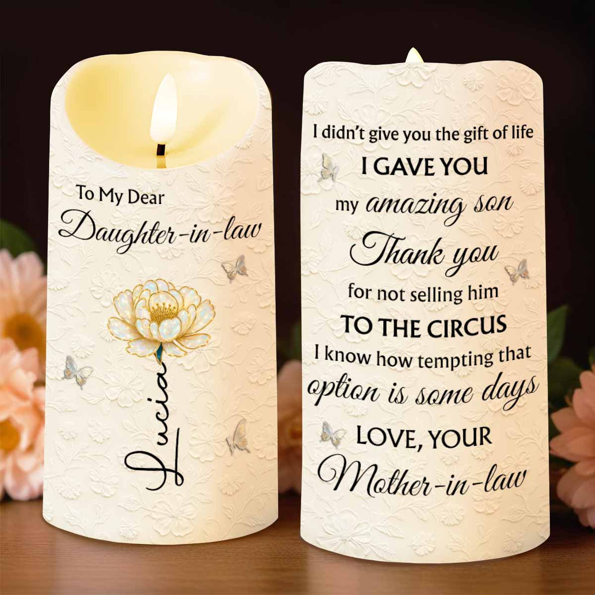 To My Dear Daughter-in-law, Flower And Butterfly Design - Personalized Custom LED Candle - DILA065_LECA