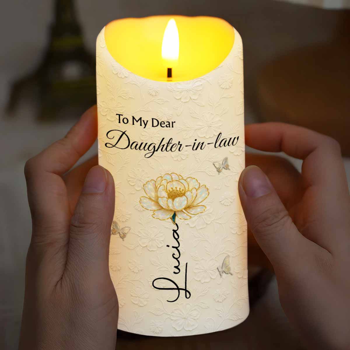 To My Dear Daughter-in-law, Flower And Butterfly Design - Personalized Custom LED Candle - DILA065_LECA