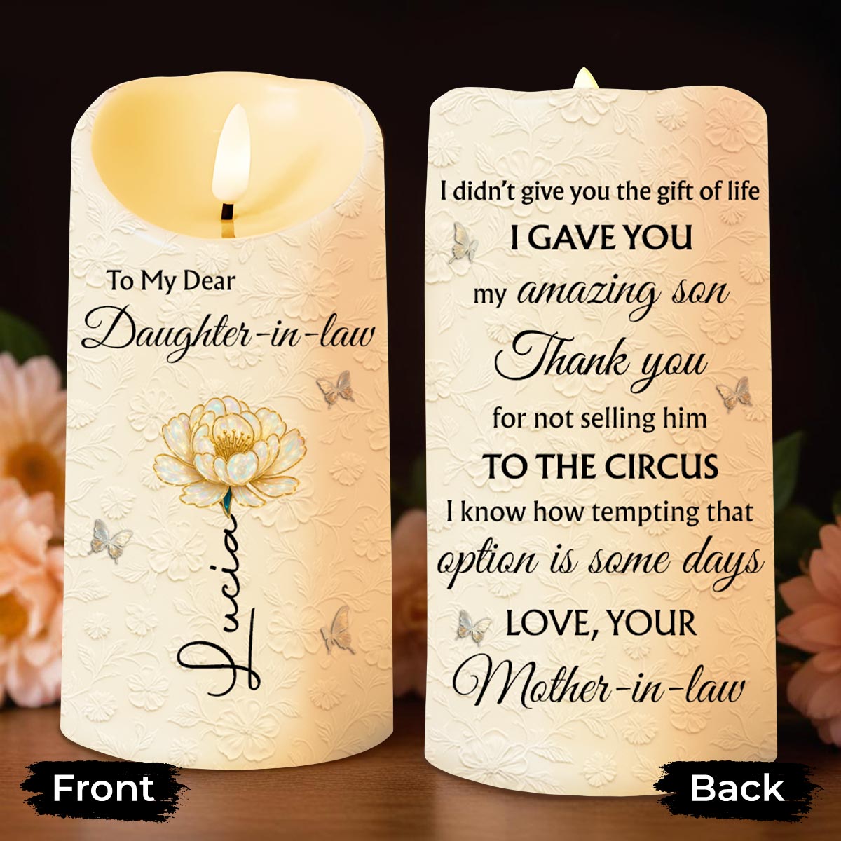To My Dear Daughter-in-law, Flower And Butterfly Design - Personalized Custom LED Candle - DILA065_LECA