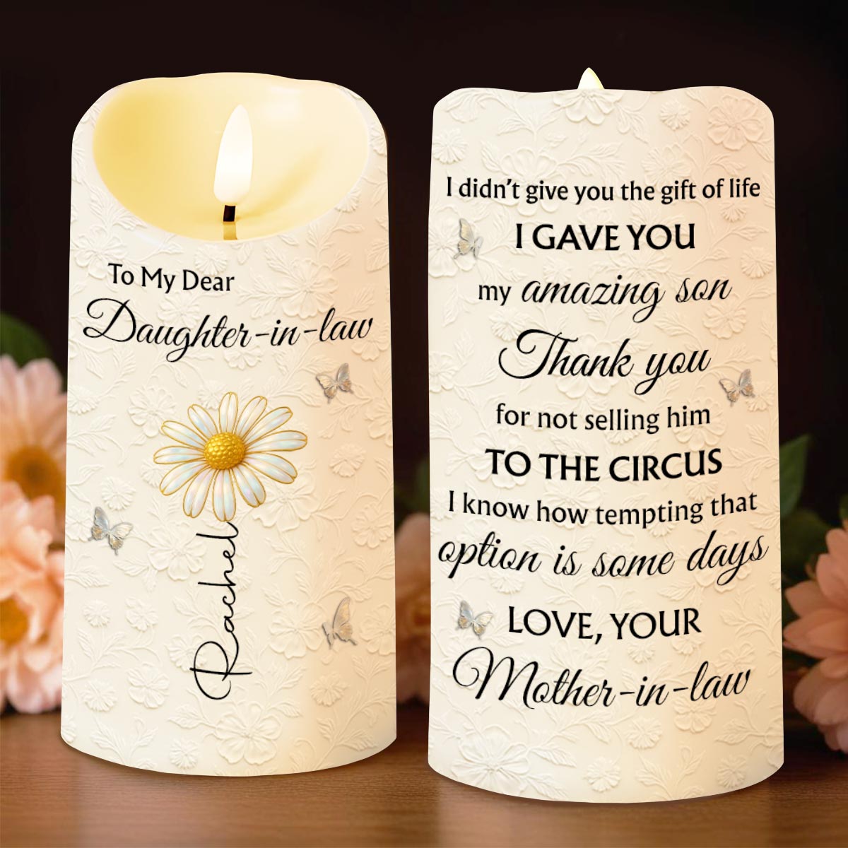 To My Dear Daughter-in-law, Flower And Butterfly Design - Personalized Custom LED Candle - DILA065_LECA