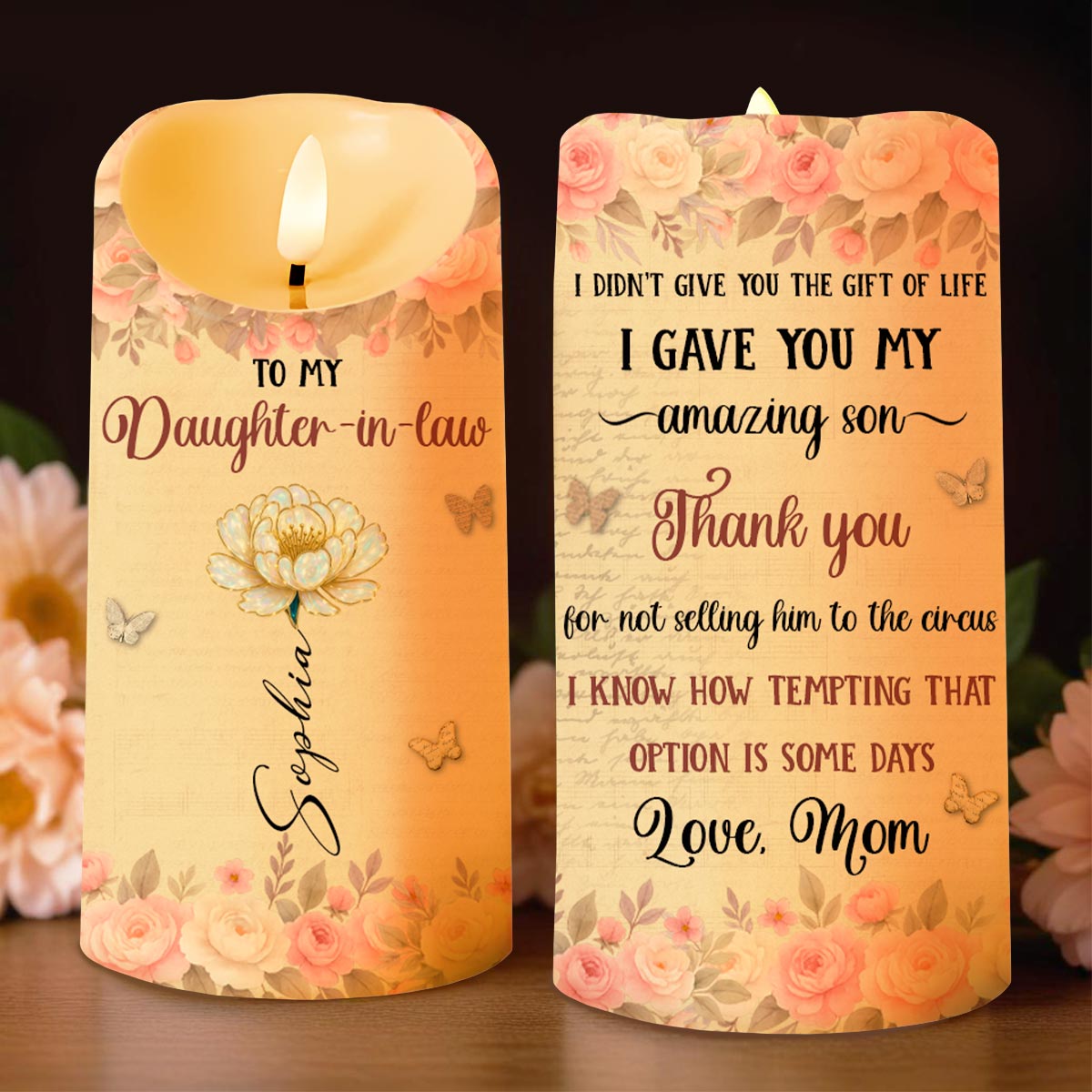 To My Daughter-In-Law, Thank You, Flowers and Butterflies - Personalized Custom LED Candle - DILA071_LECA