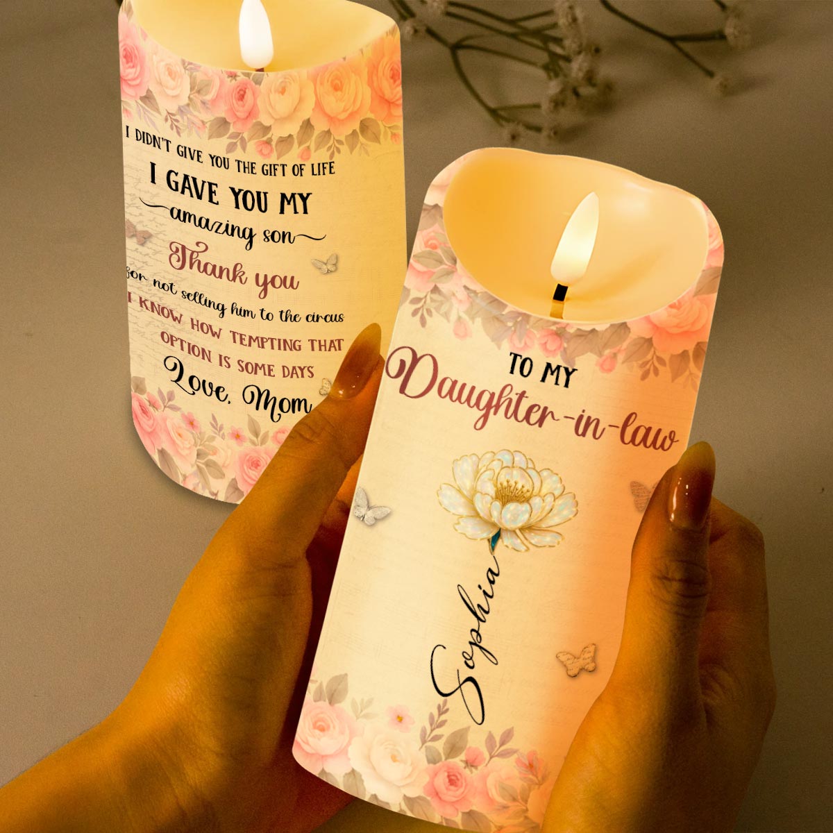 To My Daughter-In-Law, Thank You, Flowers and Butterflies - Personalized Custom LED Candle - DILA071_LECA