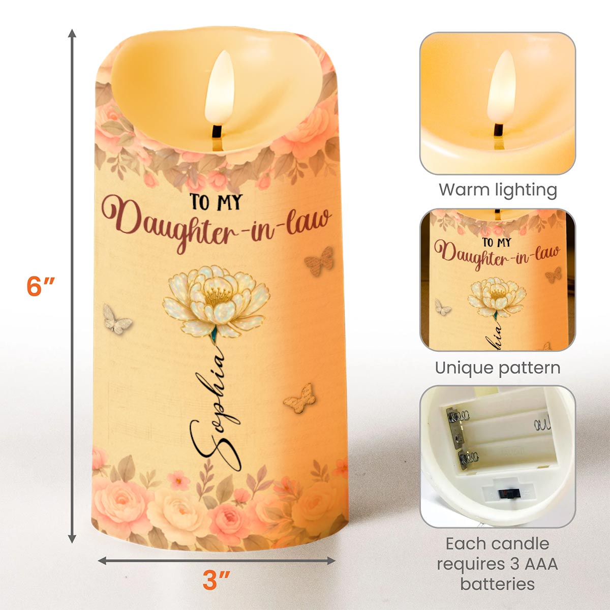 To My Daughter-In-Law, Thank You, Flowers and Butterflies - Personalized Custom LED Candle - DILA071_LECA