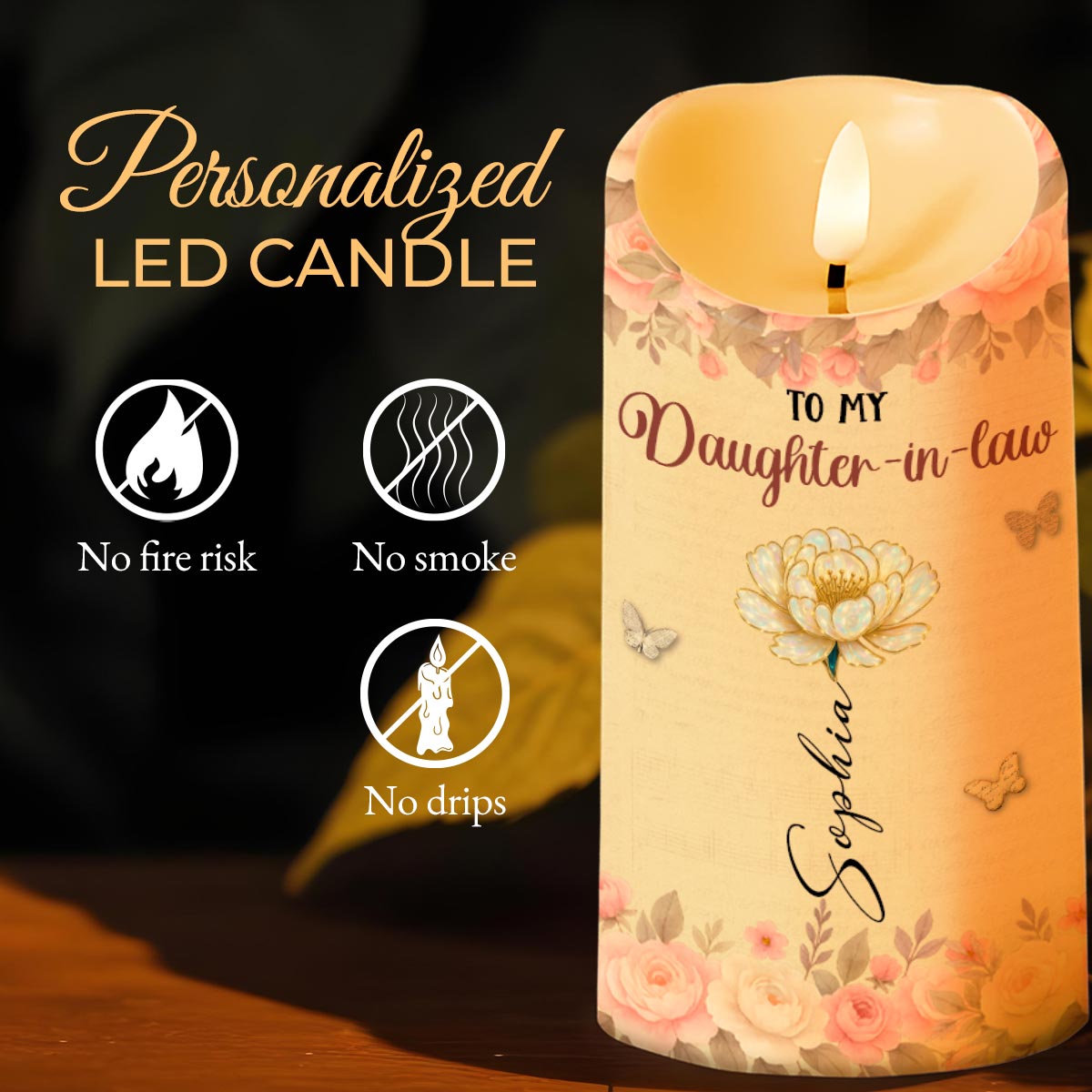 To My Daughter-In-Law, Thank You, Flowers and Butterflies - Personalized Custom LED Candle - DILA071_LECA