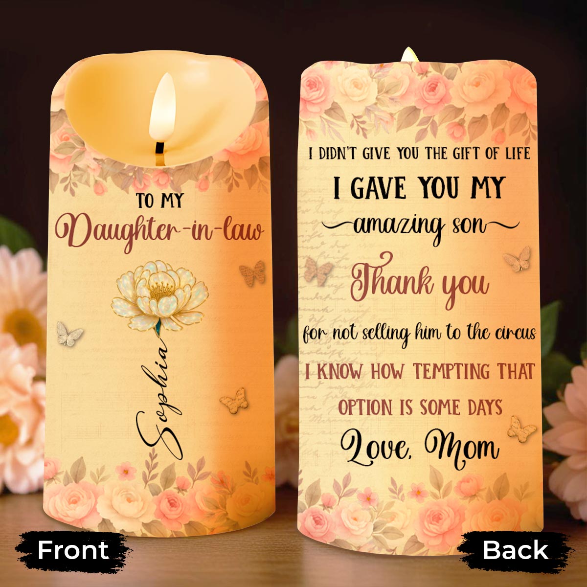 To My Daughter-In-Law, Thank You, Flowers and Butterflies - Personalized Custom LED Candle - DILA071_LECA