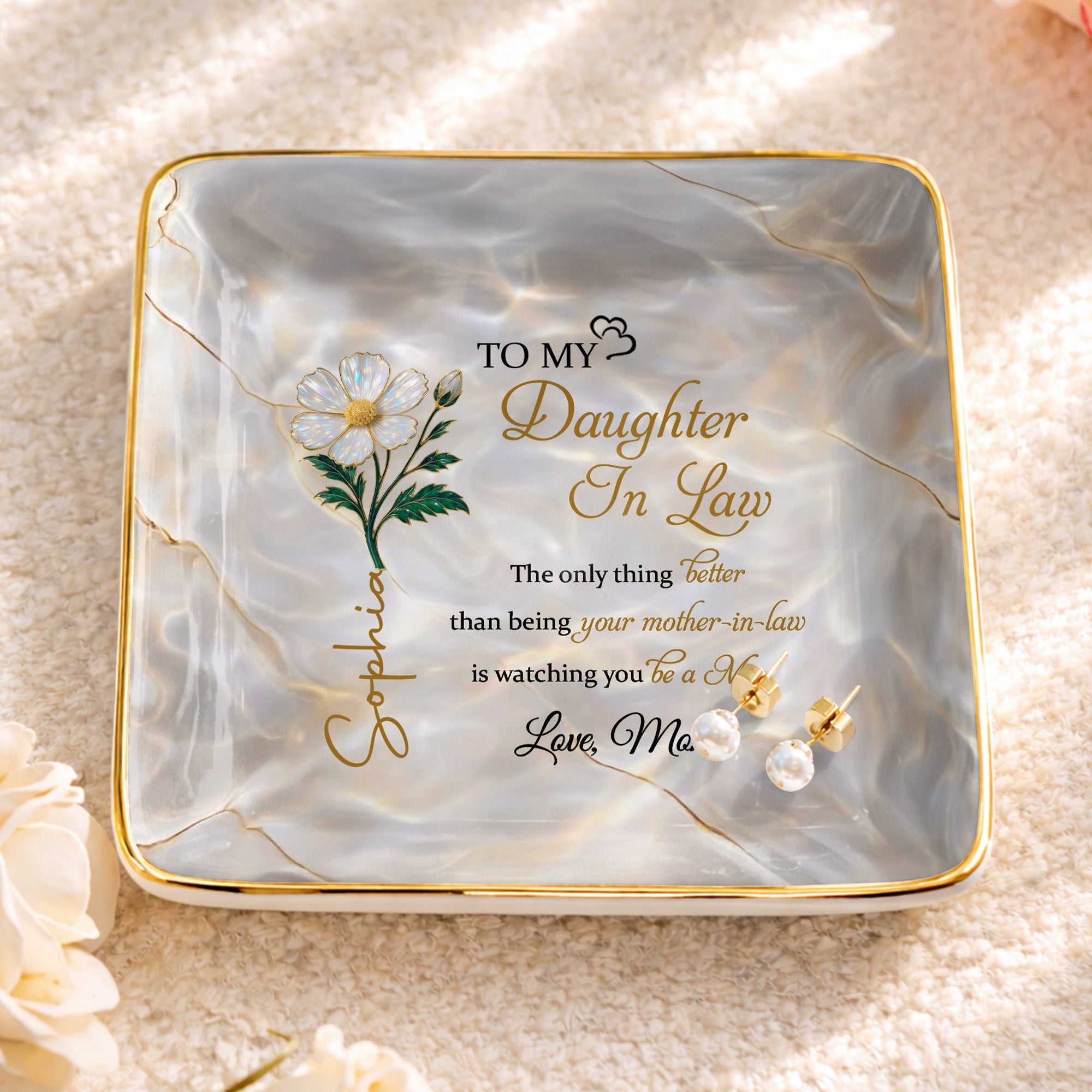 To My Daughter In Law, Watching You Be A Mom, Flower - Personalized Custom Jewelry Dish, Ceramic Dish, Square Shape - DILA078_SCRF
