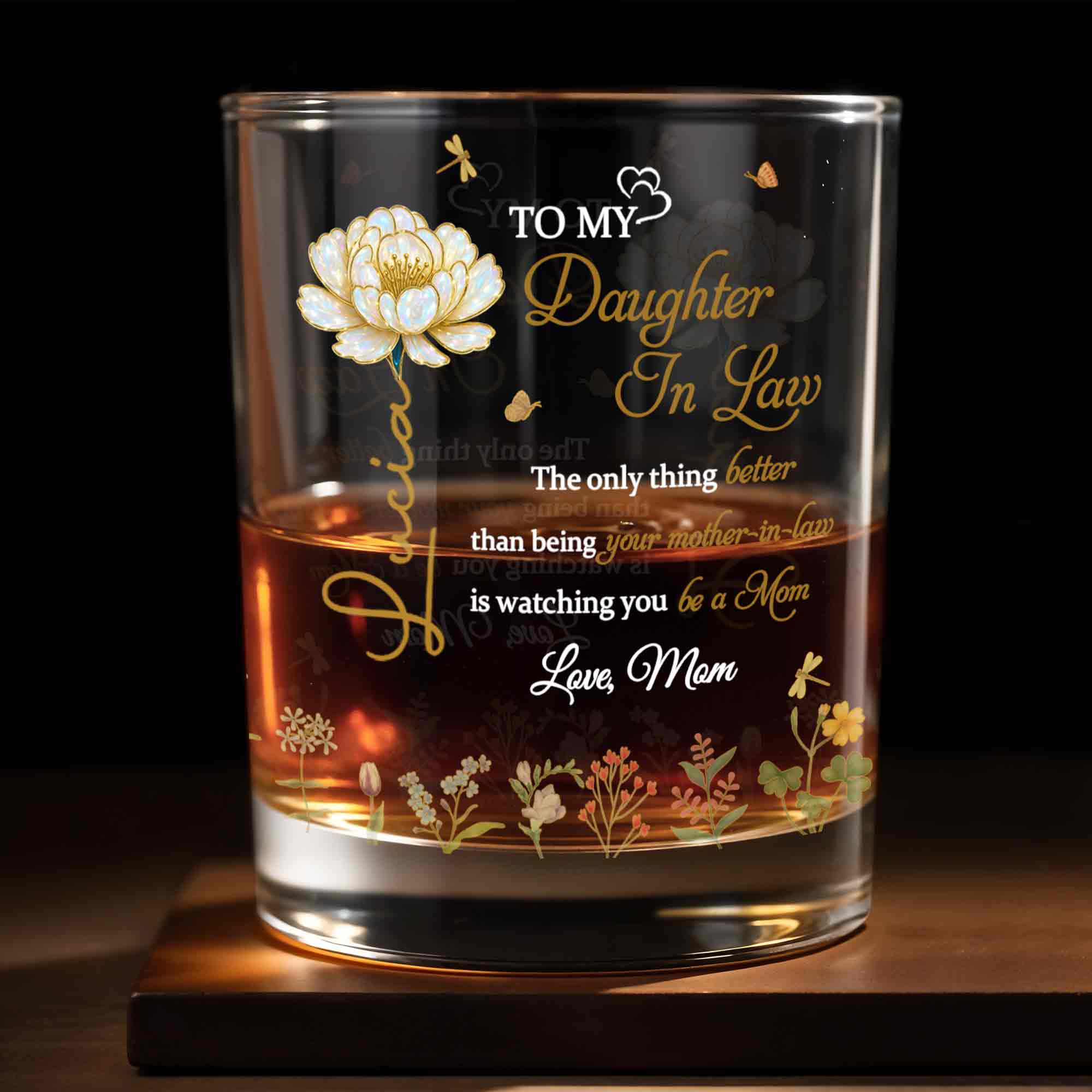 To My Daughter In Law Better Than Mother In Law Birth Month Flowers - Personalized Custom Whiskey Glass - DILA079_RWG
