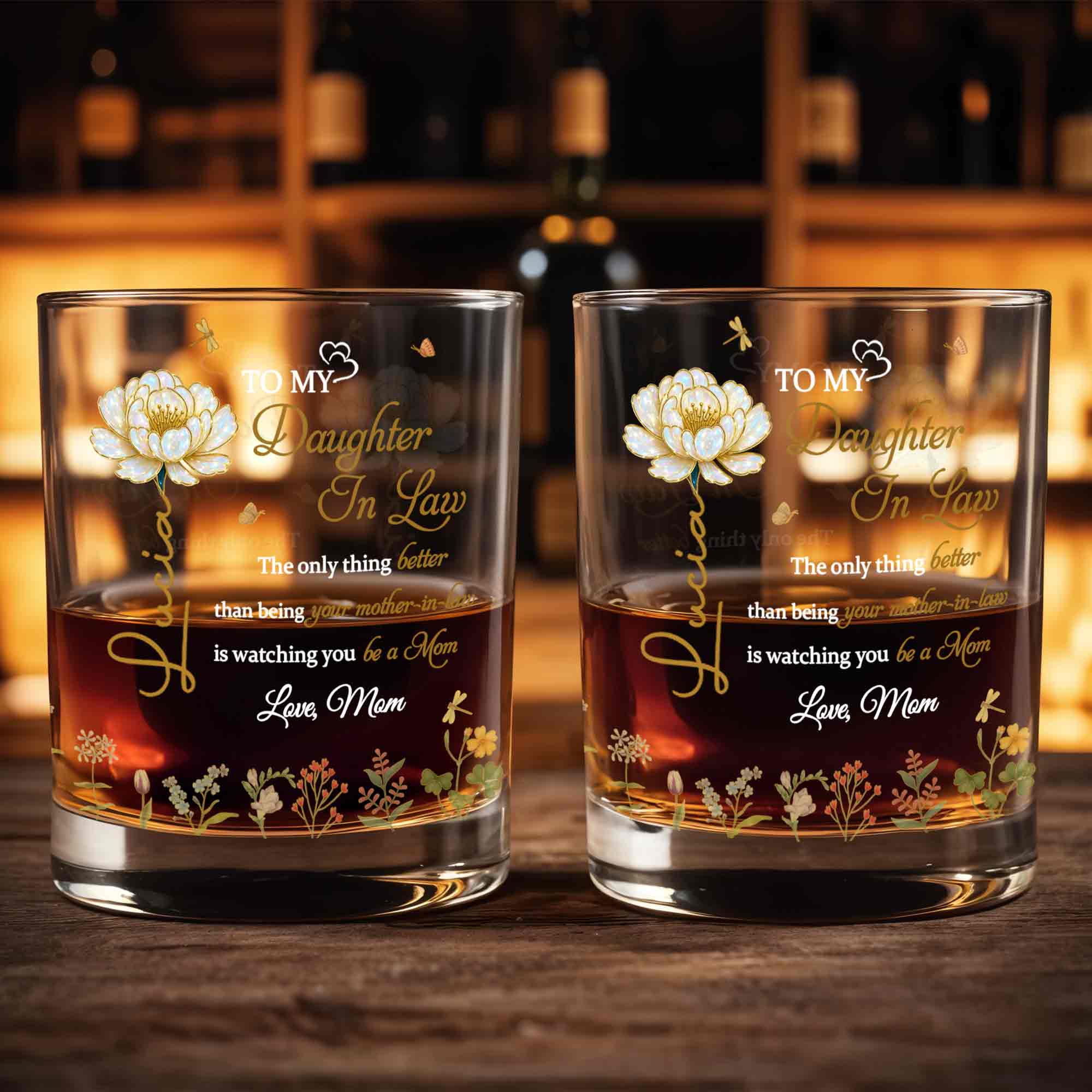 To My Daughter In Law Better Than Mother In Law Birth Month Flowers - Personalized Custom Whiskey Glass - DILA079_RWG