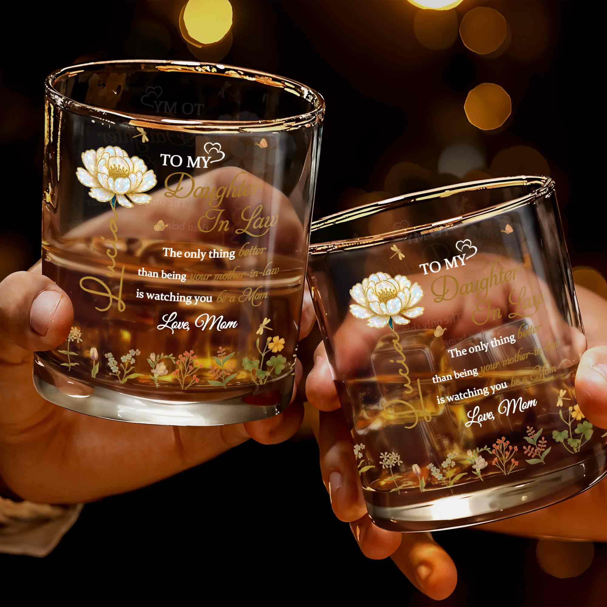 To My Daughter In Law Better Than Mother In Law Birth Month Flowers - Personalized Custom Whiskey Glass - DILA079_RWG