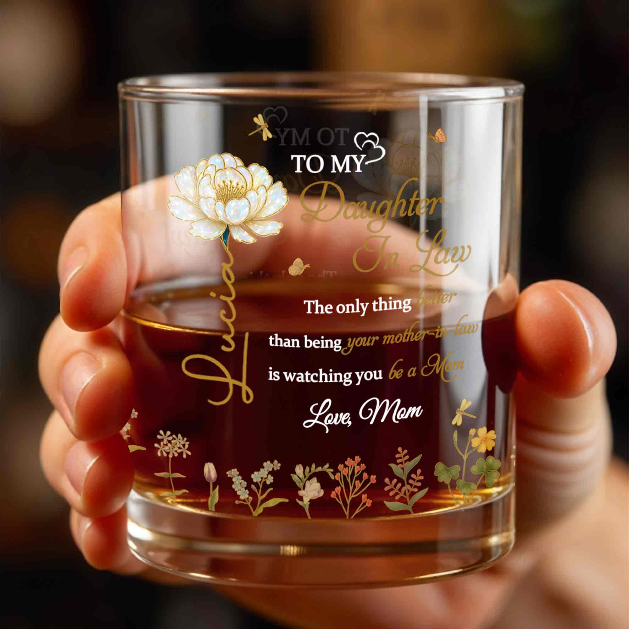 To My Daughter In Law Better Than Mother In Law Birth Month Flowers - Personalized Custom Whiskey Glass - DILA079_RWG
