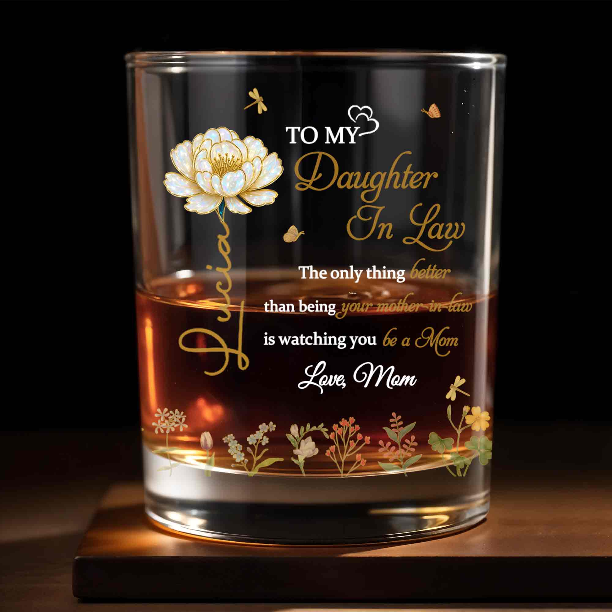To My Daughter In Law Better Than Mother In Law Birth Month Flowers - Personalized Custom Whiskey Glass - DILA079_RWG