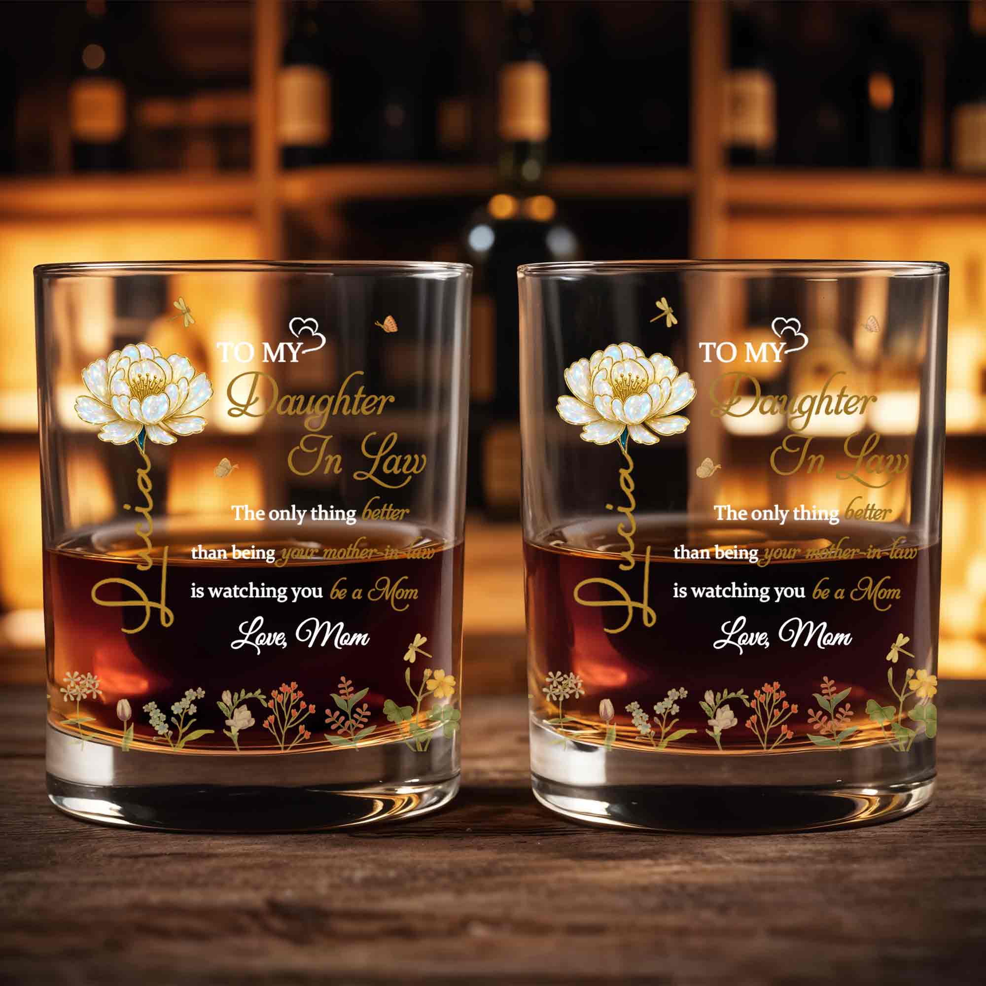 To My Daughter In Law Better Than Mother In Law Birth Month Flowers - Personalized Custom Whiskey Glass - DILA079_RWG
